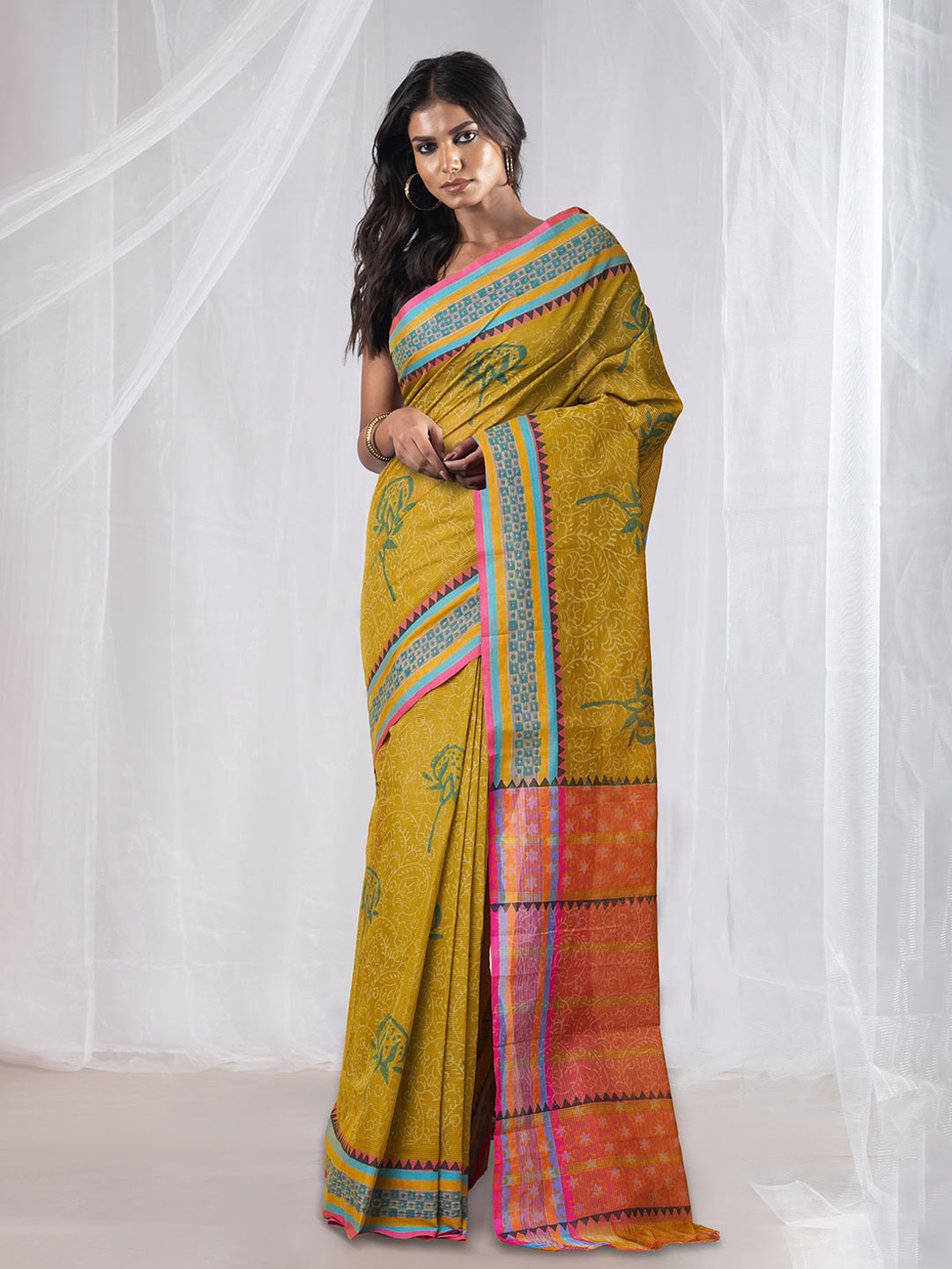 

Unnati Silks Ethnic Motifs Pure Cotton Handloom Mangalagiri Saree, Green