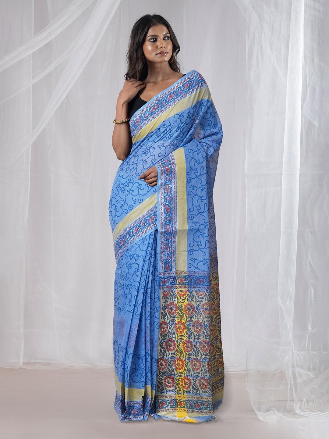 

Unnati Silks Ethnic Motifs Pure Cotton Handloom Mangalagiri Saree, Blue