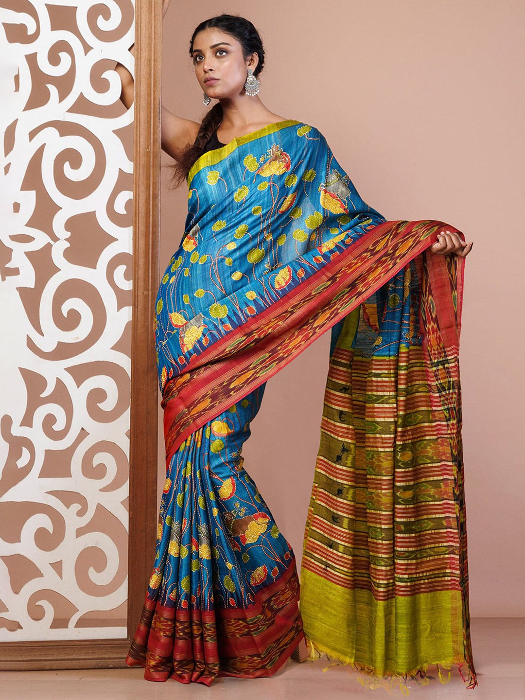 

Unnati Silks Floral Kantha Work Pure Silk Handloom Tussar Saree, Blue
