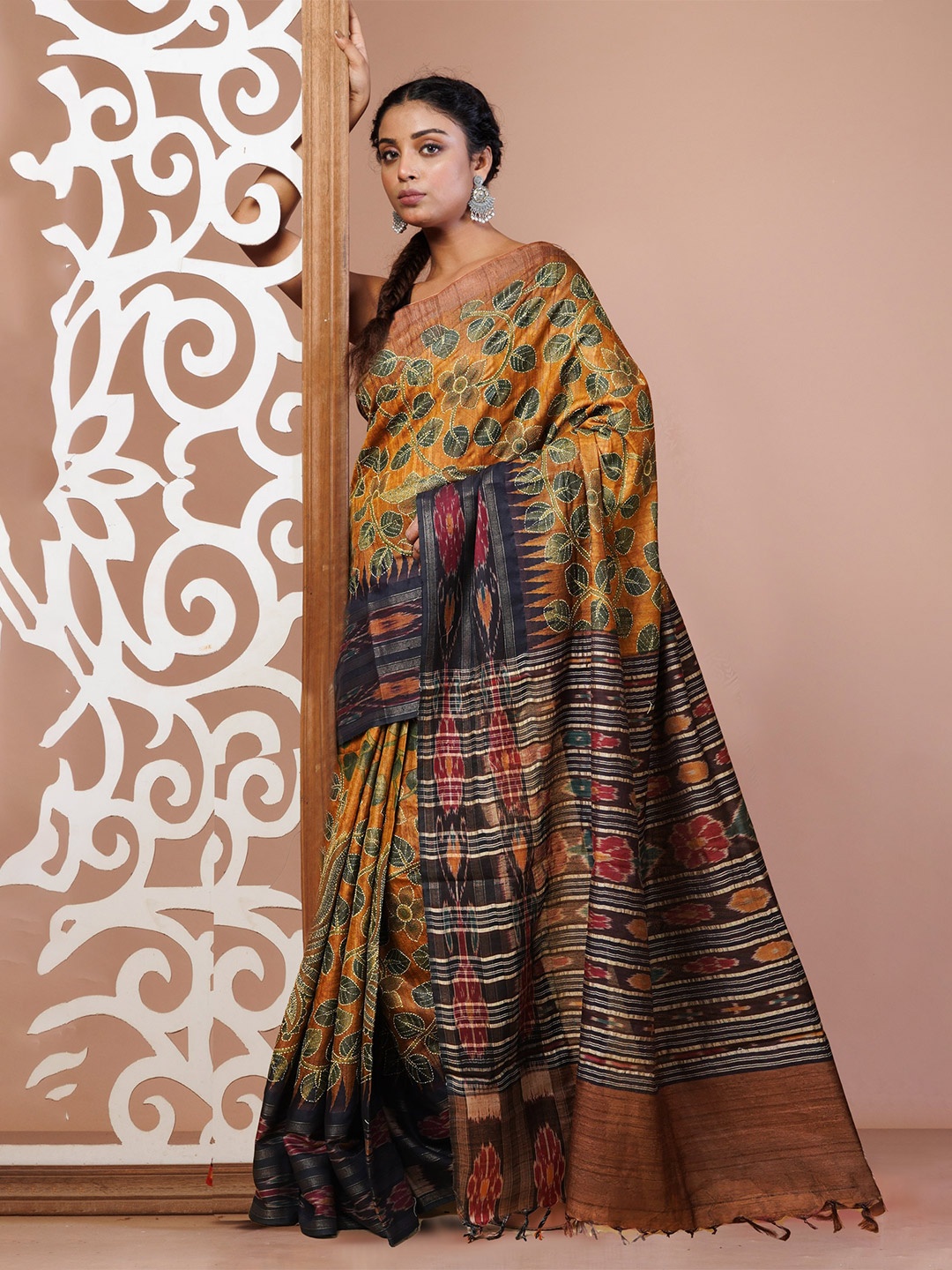 

Unnati Silks Ethnic Motifs Kantha Work Pure Silk Handloom Tussar Saree, Yellow
