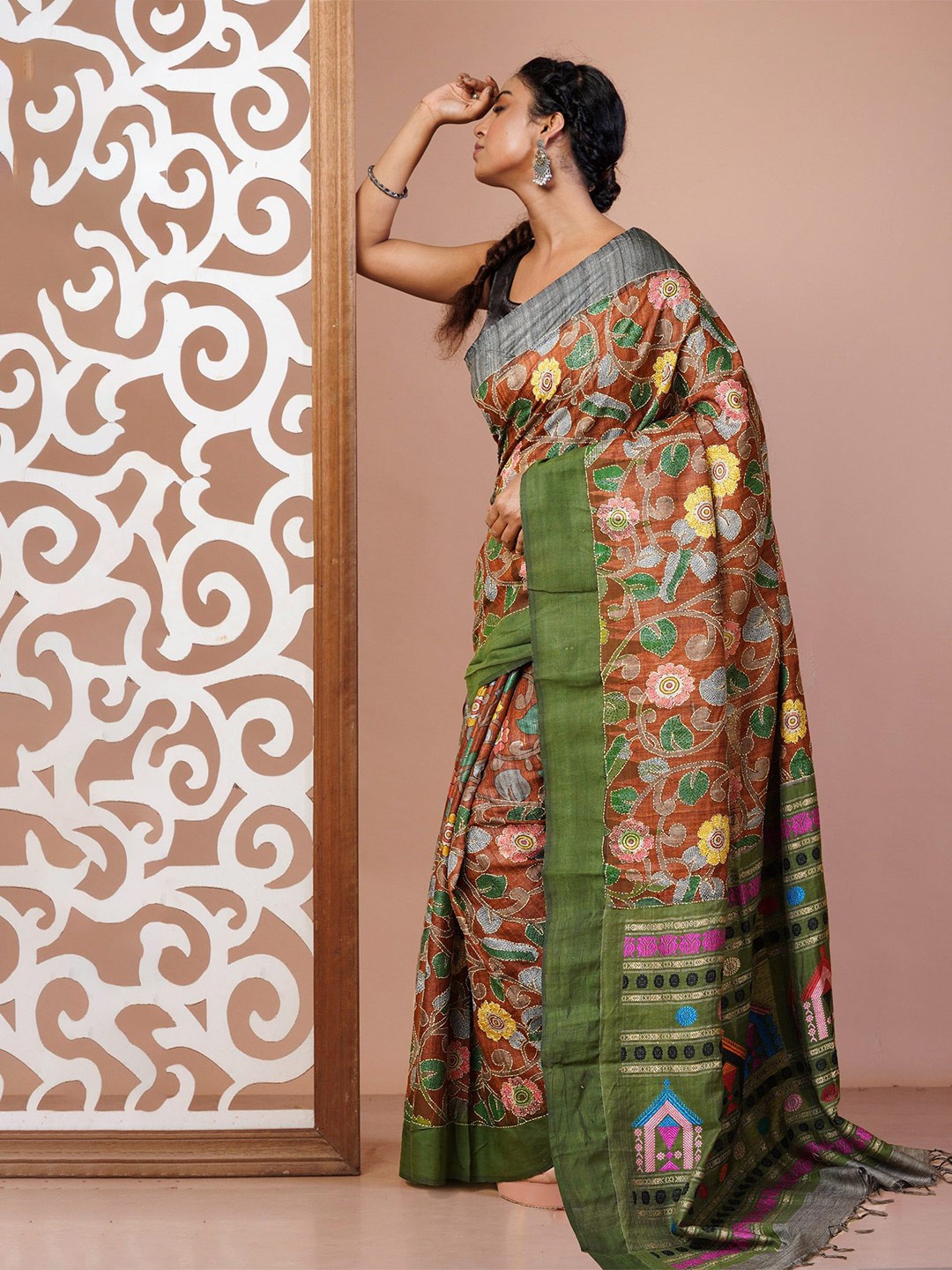 Unnati Silks Floral Kantha Work Pure Silk Handloom Tussar Saree, Rust