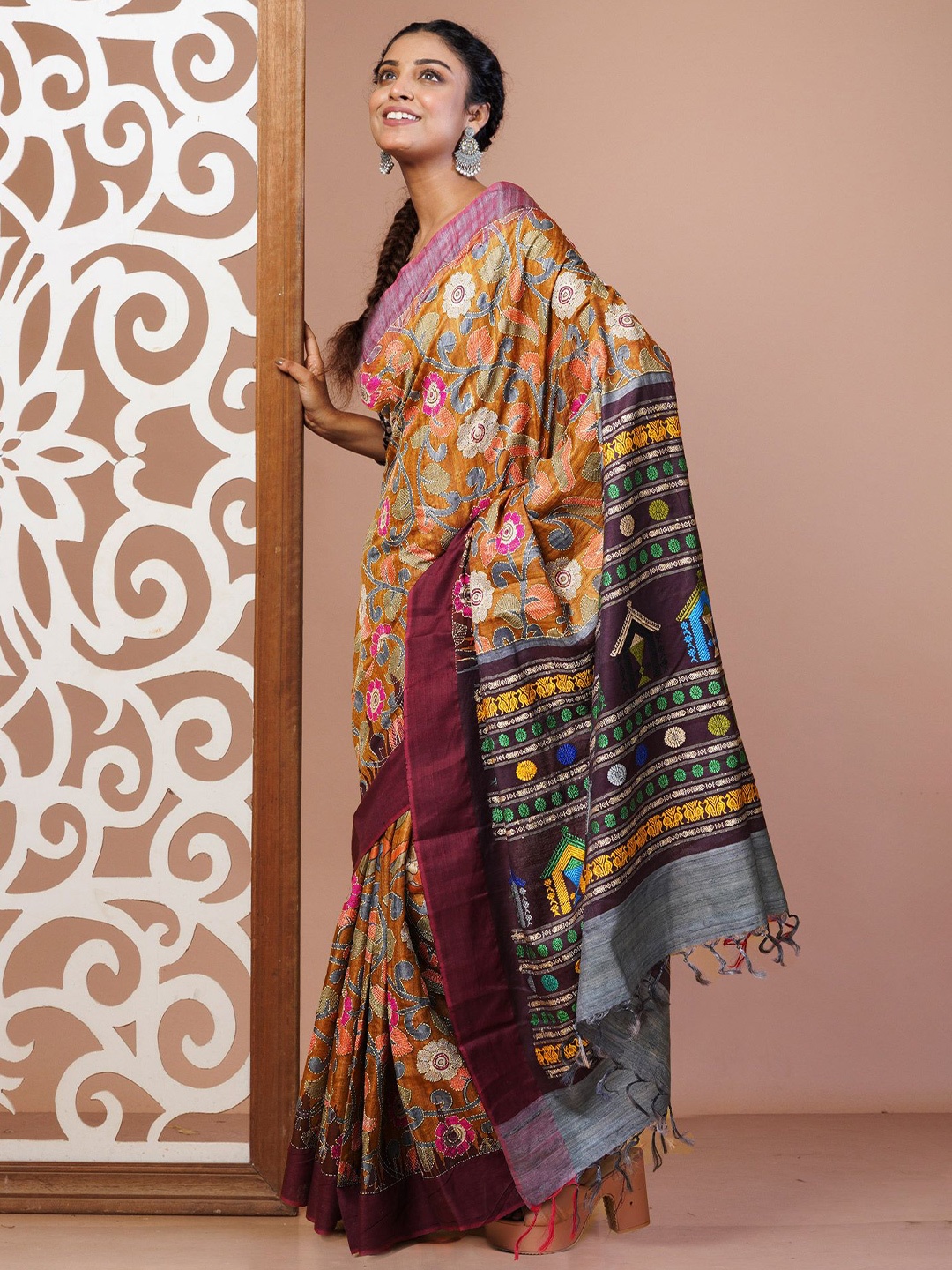 

Unnati Silks Ethnic Motifs Kantha Work Pure Silk Handloom Tussar Saree, Yellow