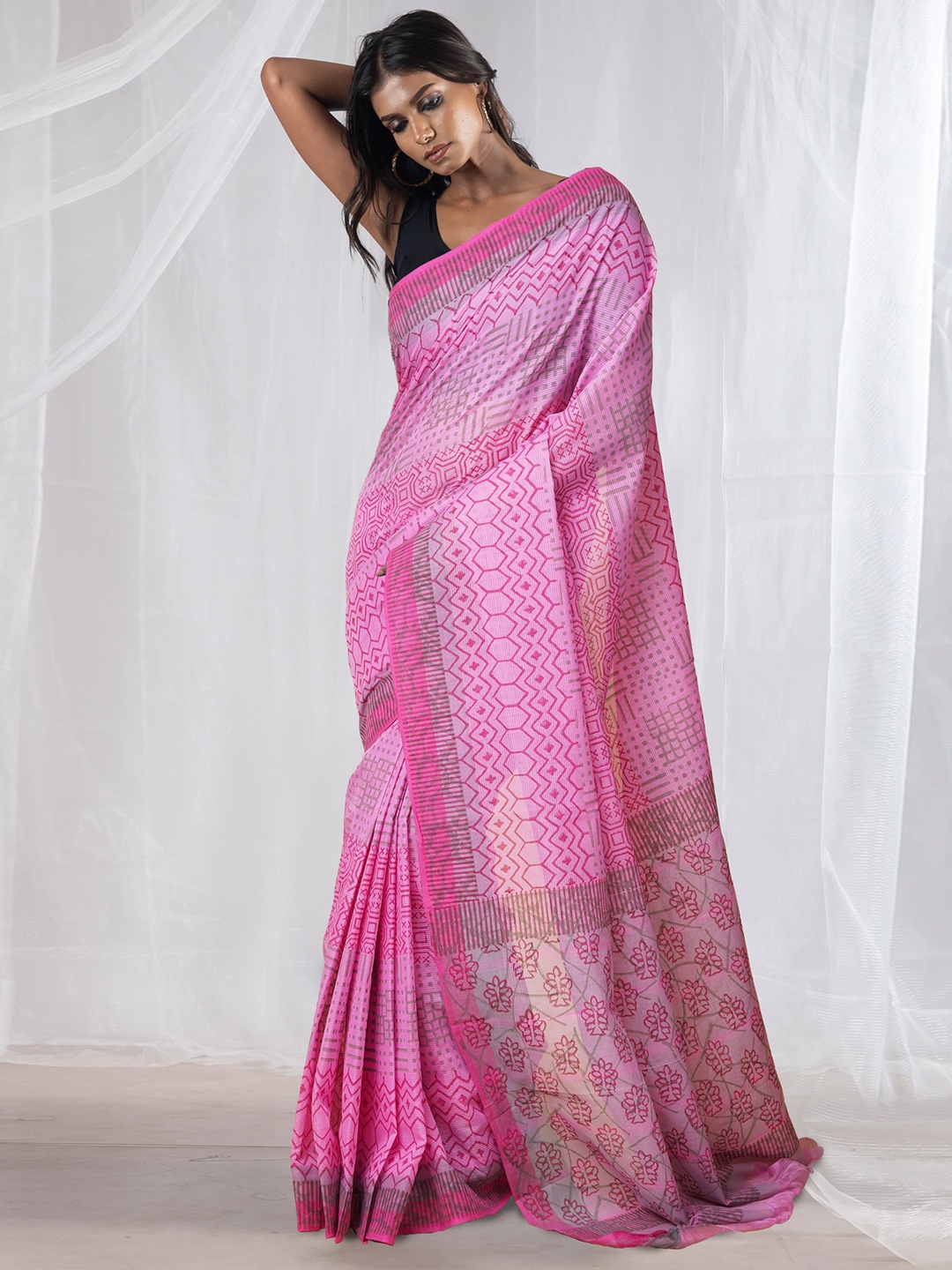 

Unnati Silks Ethnic Motifs Pure Cotton Handloom Mangalagiri Saree, Pink