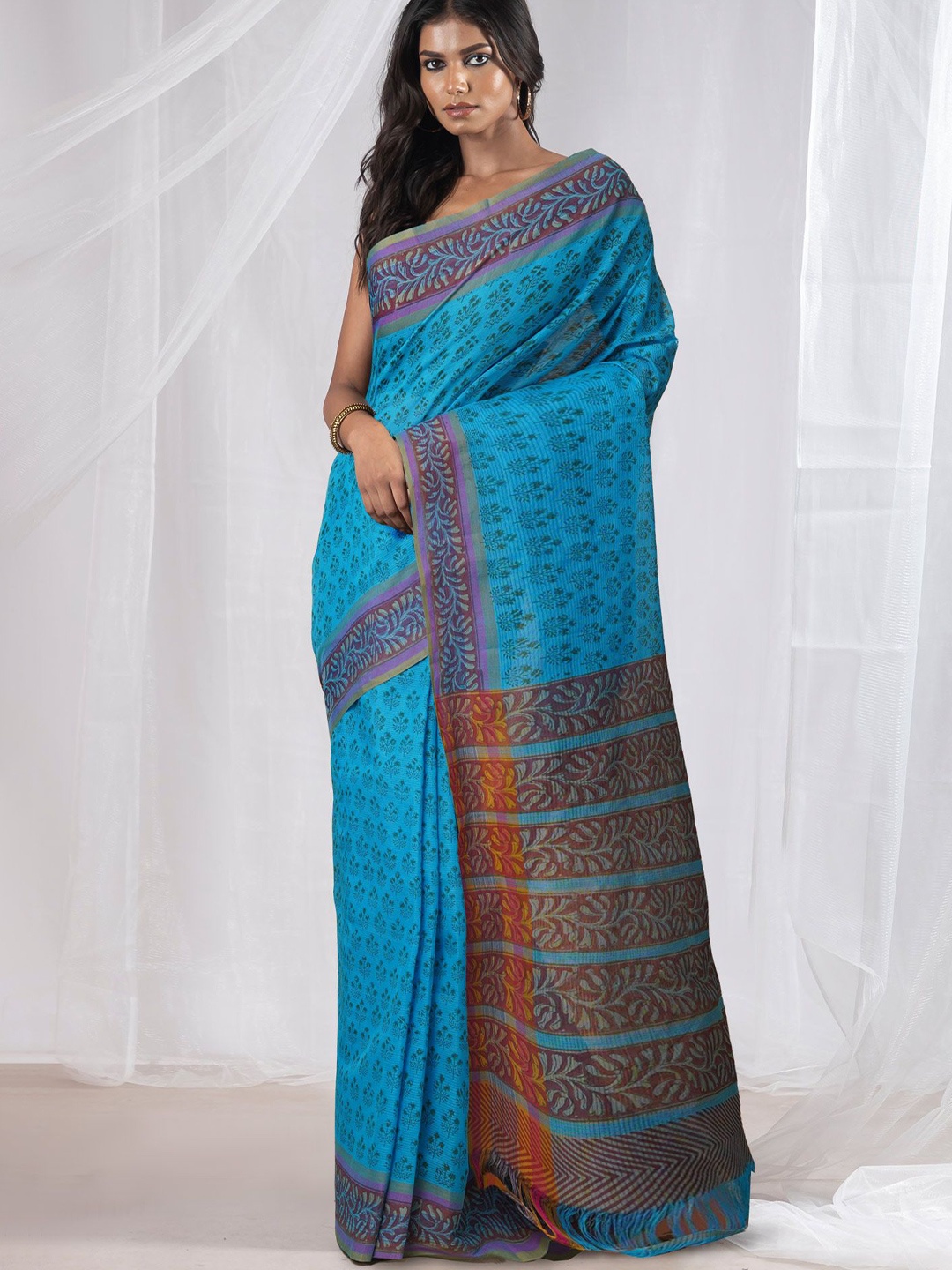 

Unnati Silks Ethnic Motifs Pure Cotton Handloom Mangalagiri Saree, Blue