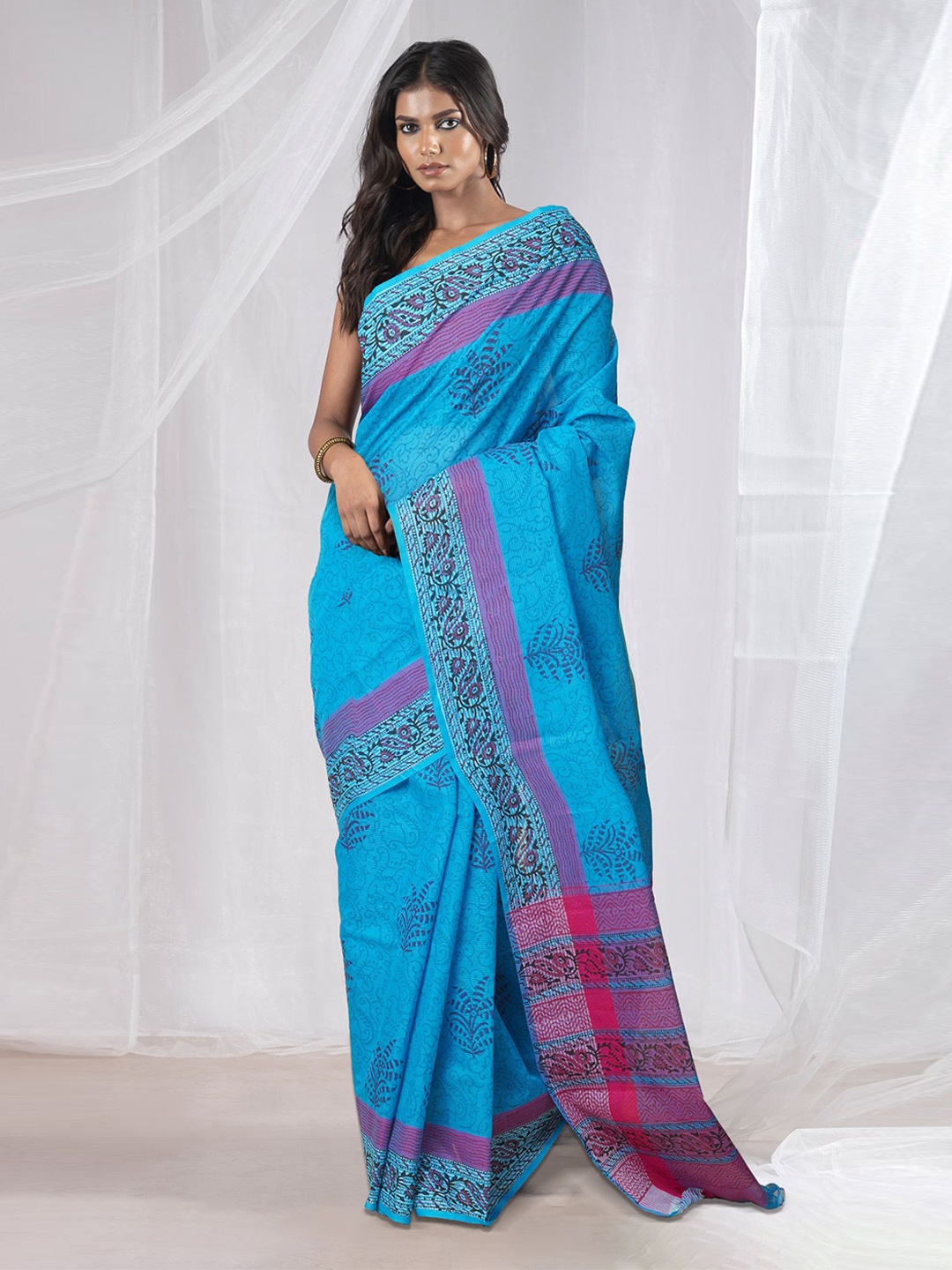 

Unnati Silks Ethnic Motifs Pure Cotton Handloom Mangalagiri Saree, Blue