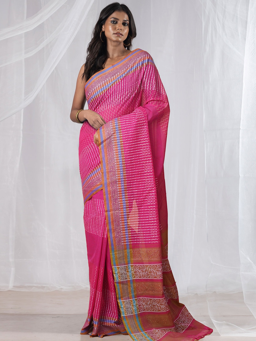 

Unnati Silks Ethnic Motifs Pure Cotton Handloom Mangalagiri Saree, Pink