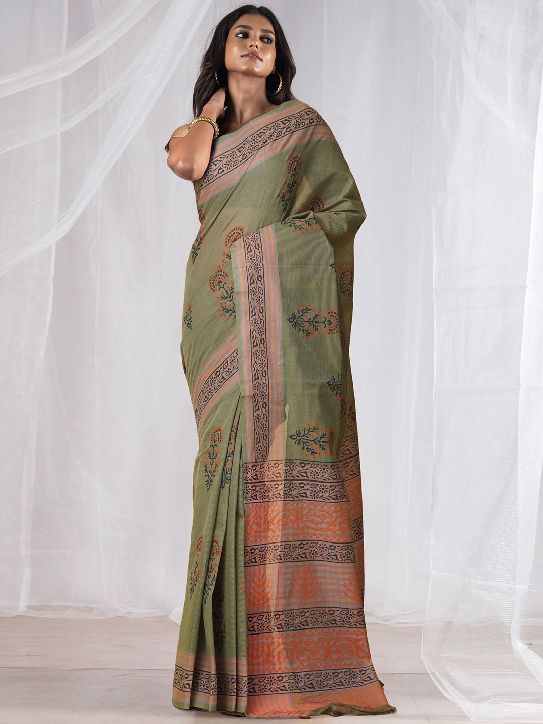 

Unnati Silks Ethnic Motifs Pure Cotton Handloom Mangalagiri Saree, Green
