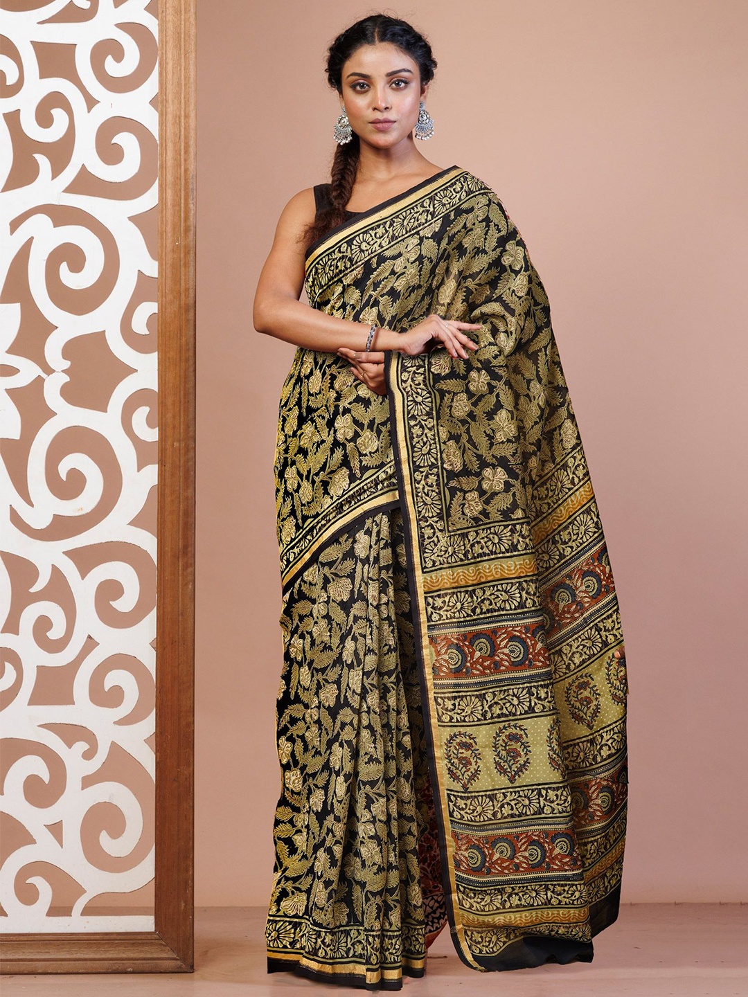 

Unnati Silks Kalamkari Zari Silk Cotton Handloom Chanderi Saree, Black