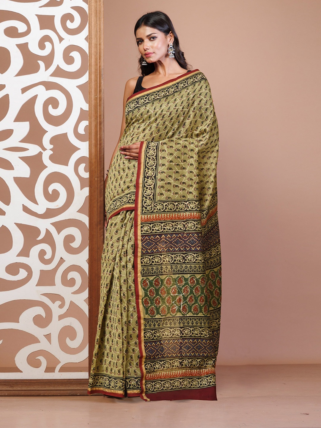 

Unnati Silks Kalamkari Silk Cotton Handloom Chanderi Saree, Green