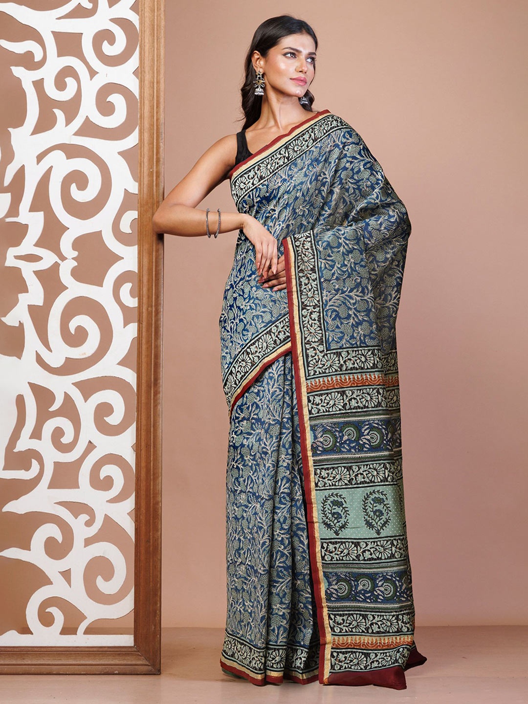 

Unnati Silks Kalamkari Zari Silk Cotton Handloom Chanderi Saree, Blue