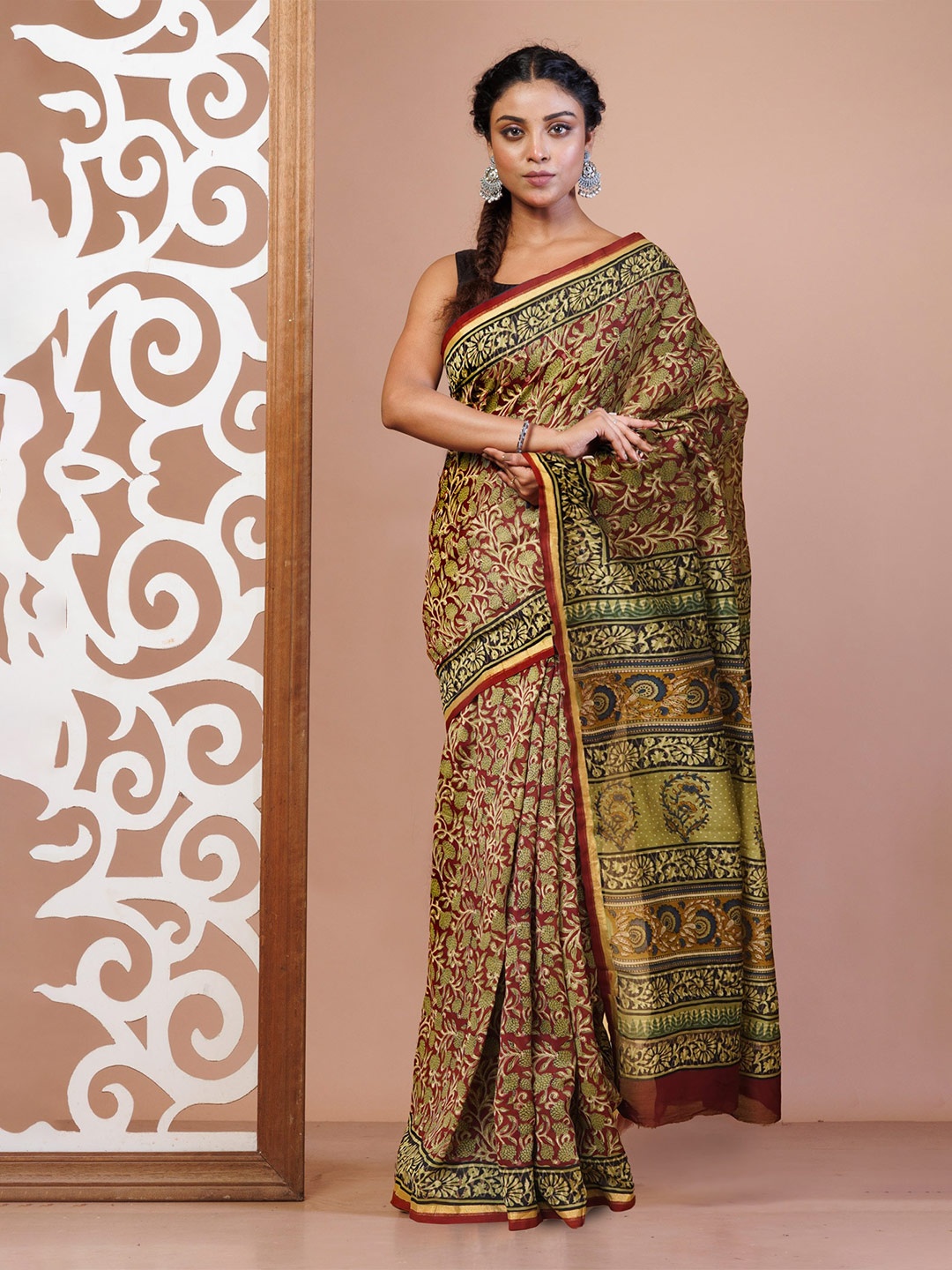 

Unnati Silks Kalamkari Silk Cotton Handloom Chanderi Saree, Red