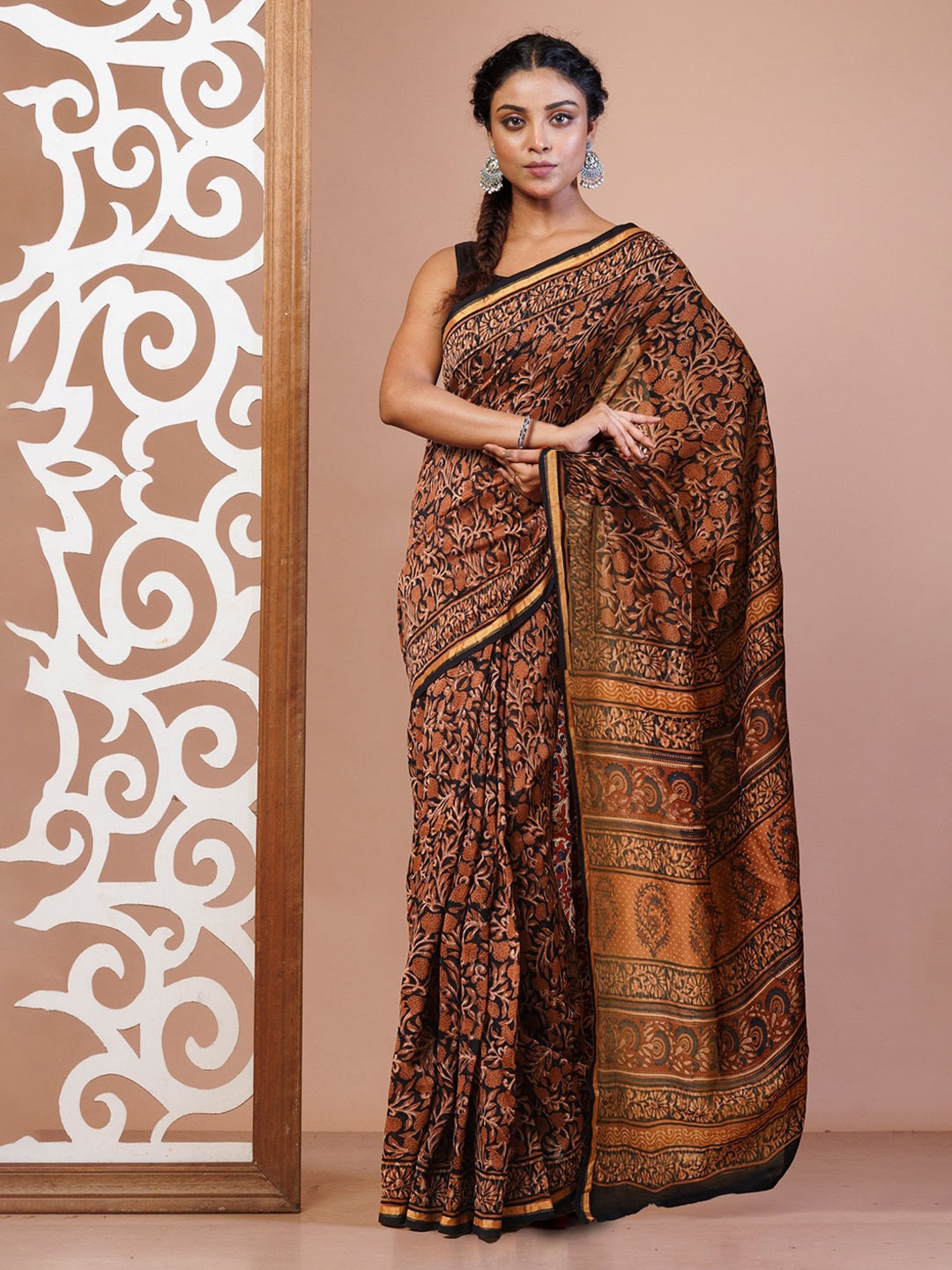 

Unnati Silks Kalamkari Zari Silk Cotton Handloom Chanderi Saree, Black