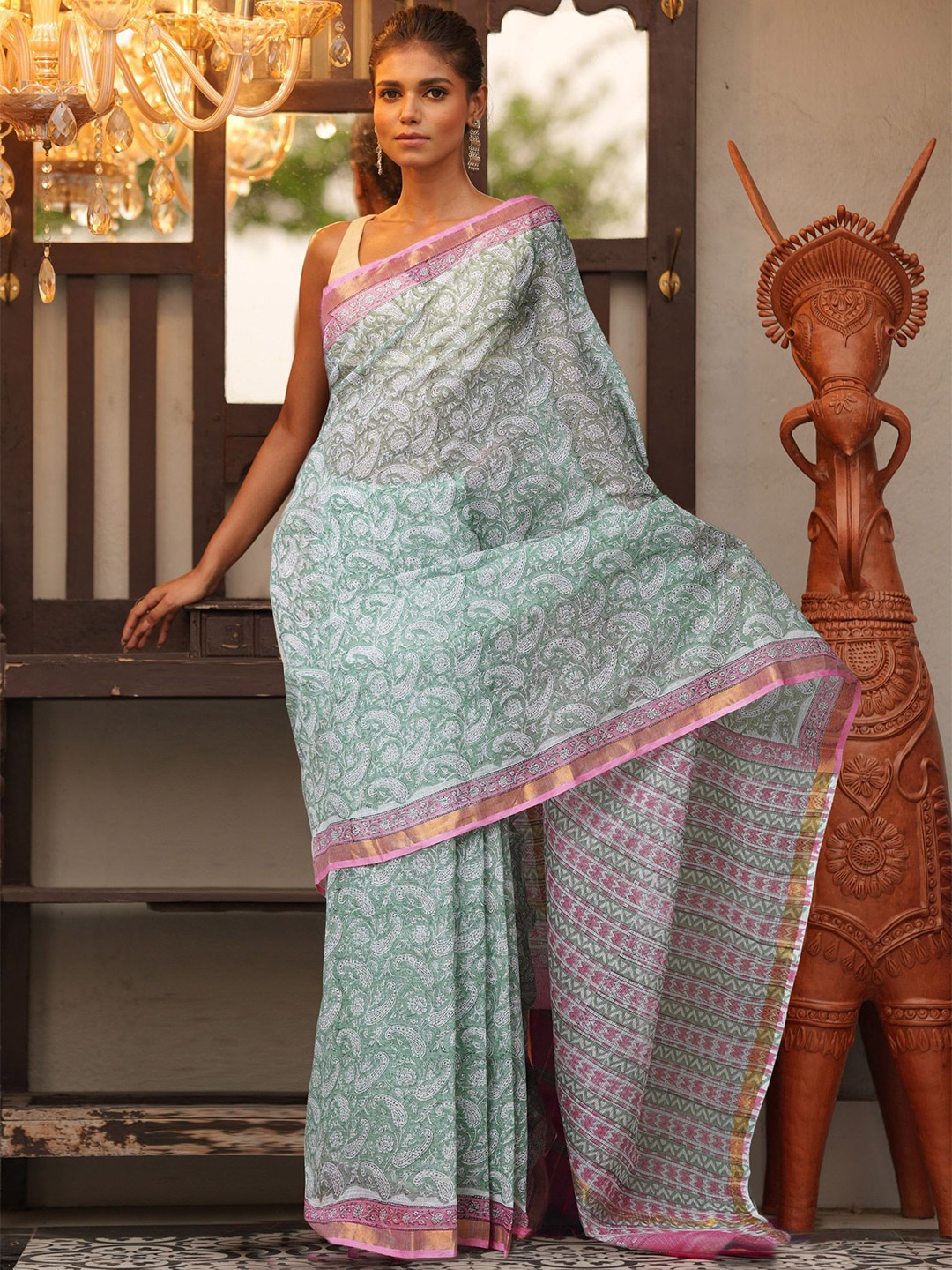 

Unnati Silks Ethnic Motifs Zari Silk Cotton Handloom Kota Saree, Green