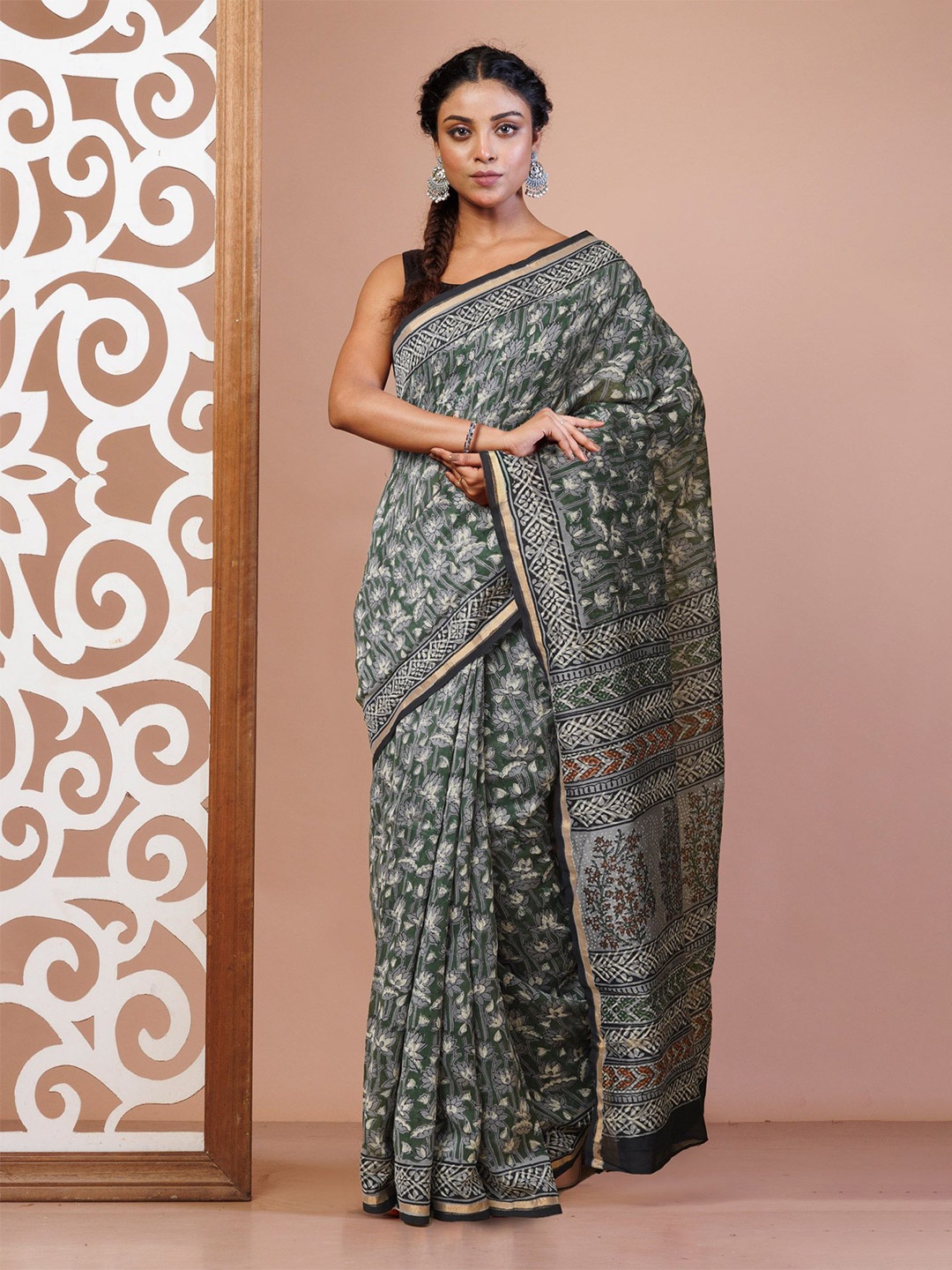 

Unnati Silks Kalamkari Silk Cotton Handloom Chanderi Saree, Green