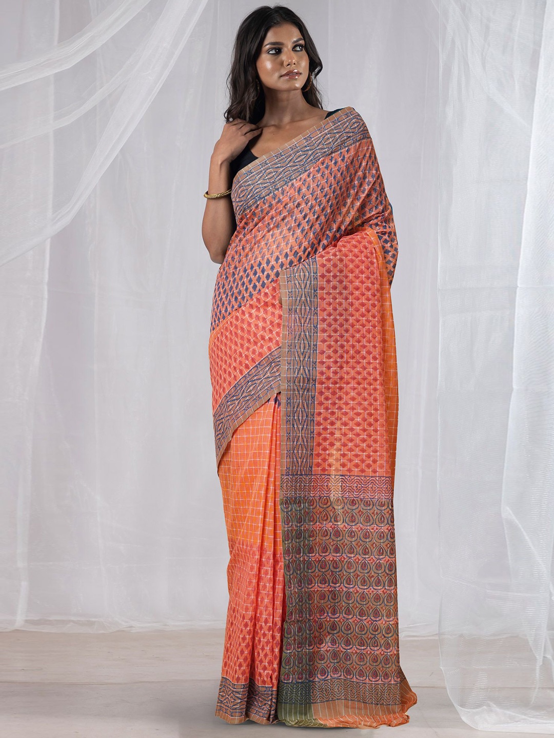 

Unnati Silks Pure Cotton Handloom Mangalagiri Saree, Orange