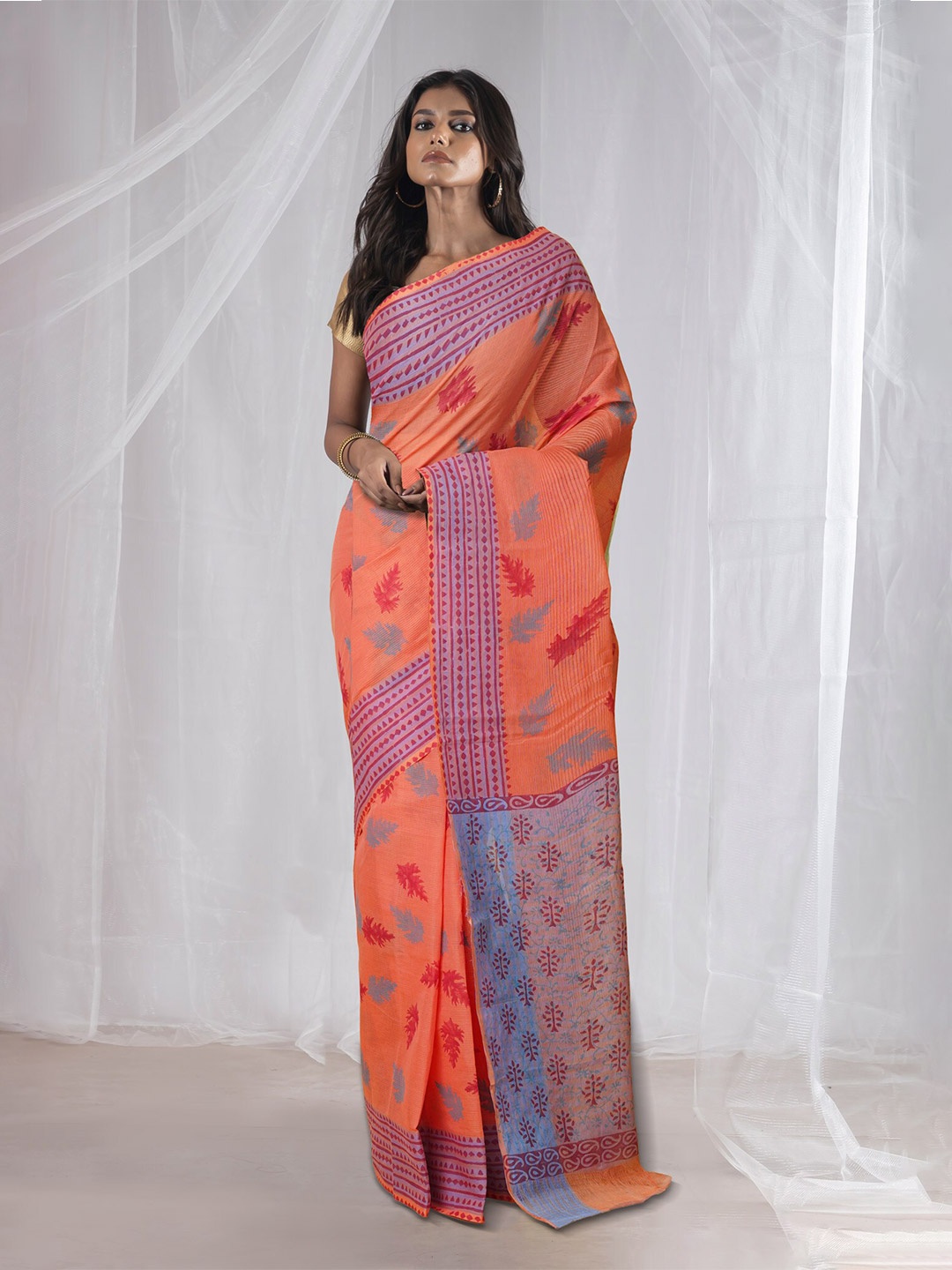 

Unnati Silks Ethnic Motifs Pure Cotton Handloom Mangalagiri Saree, Orange