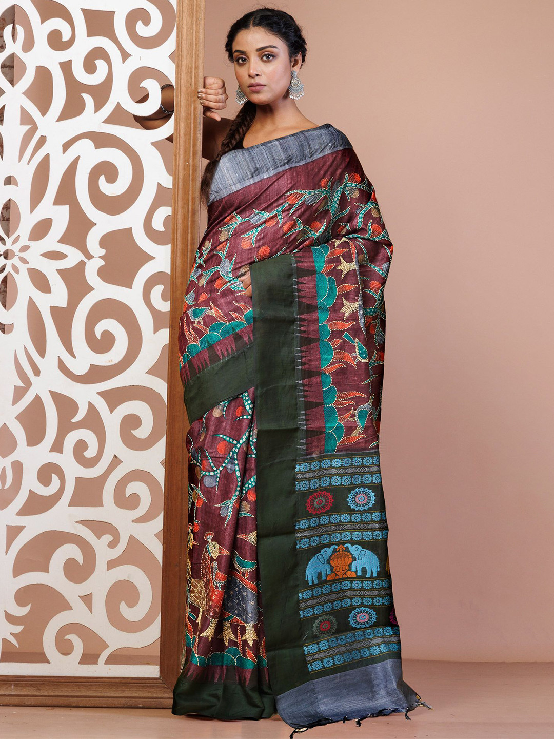 

Unnati Silks Floral Kantha Work Pure Silk Handloom Tussar Saree, Burgundy