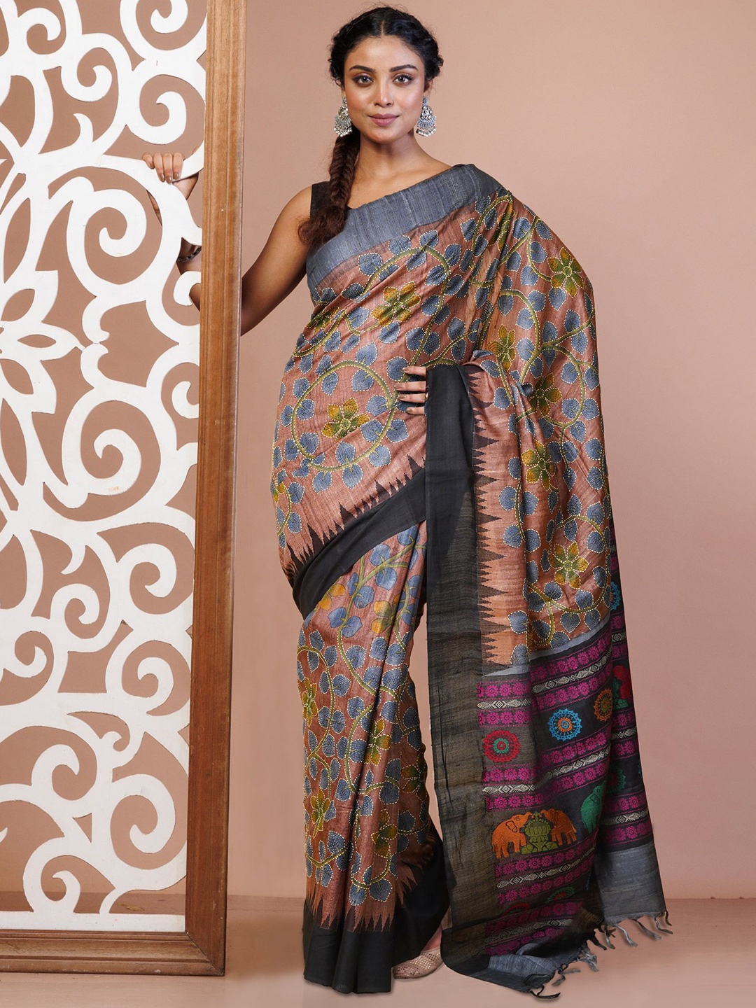 

Unnati Silks Ethnic Motifs Kantha Work Pure Silk Handloom Tussar Saree, Brown