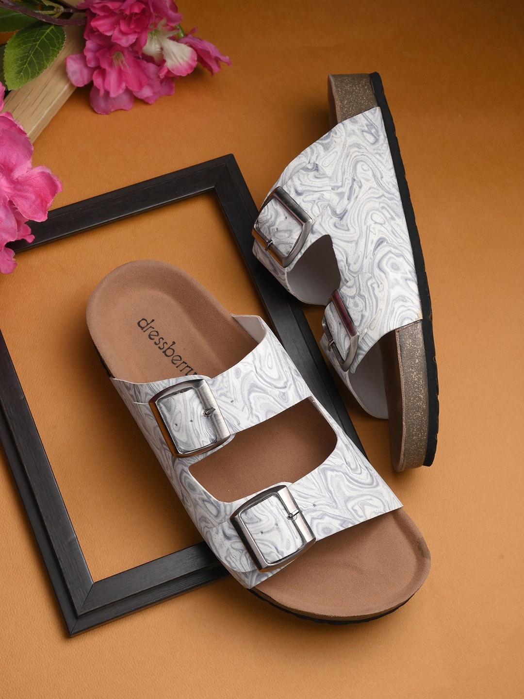 

DressBerry Grey Printed Open Toe Flats
