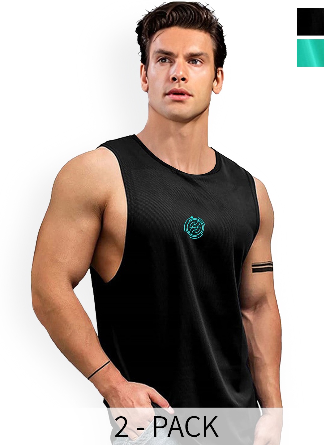 

AUSK Pack Of 2 Printed Round Neck Sleeveless Gym Innerwear Vests A730+731, Black