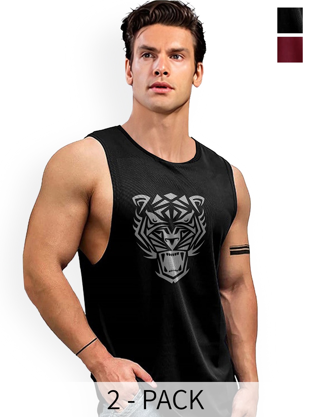 

AUSK Pack Of 2 Printed Round Neck Sleeveless Gym Innerwear Vests A716+719, Black