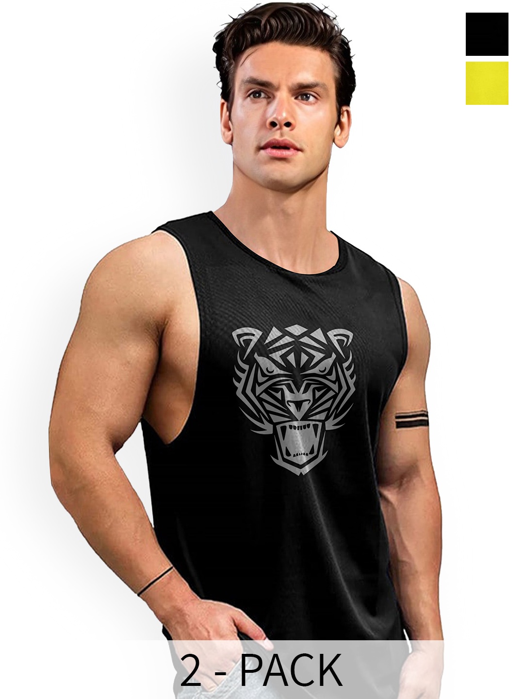 

AUSK Pack Of 2 Printed Round Neck Sleeveless Gym Innerwear Vests A716+722, Black