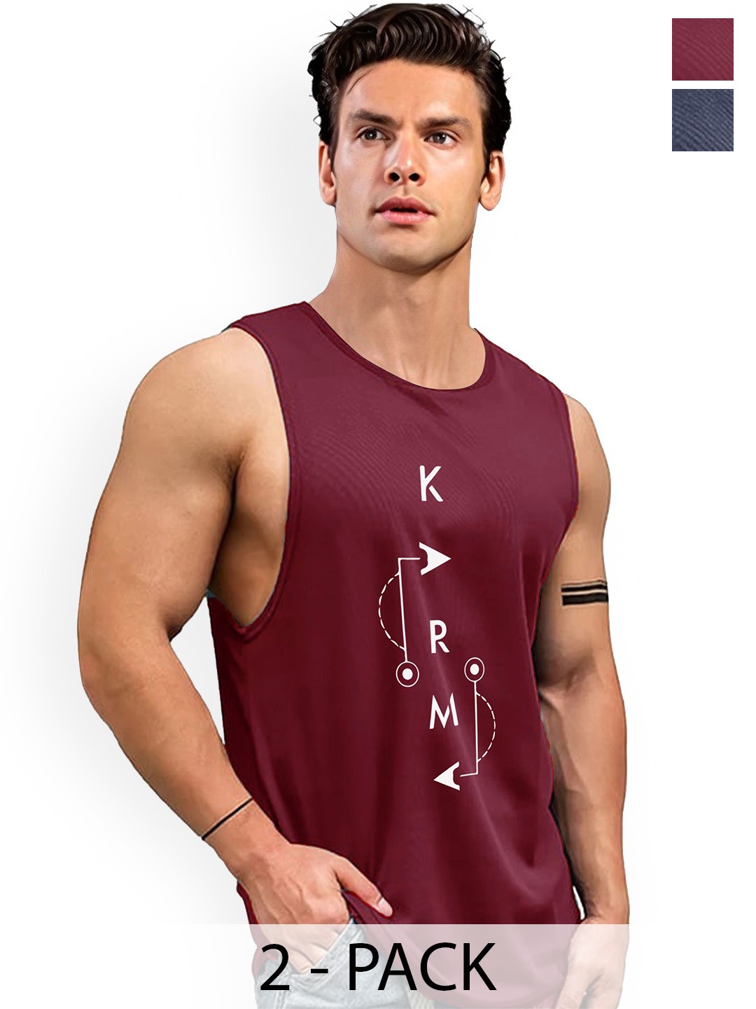 

AUSK Pack Of 2 Printed Round Neck Sleeveless Gym Innerwear Vests A726+727, Maroon