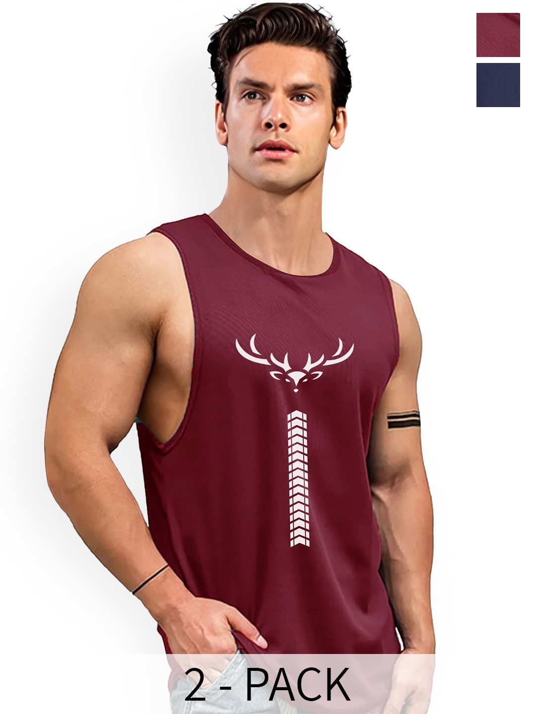 

AUSK Pack of 2 Printed Sleeveless Gym Innerwear Vests, Maroon