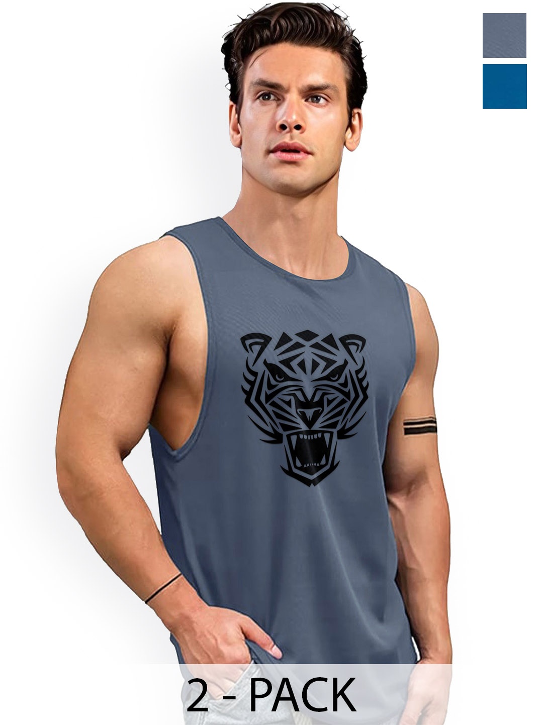 

AUSK Pack Of 2 Printed Round Neck Sleeveless Gym Innerwear Vests A718+721, Grey