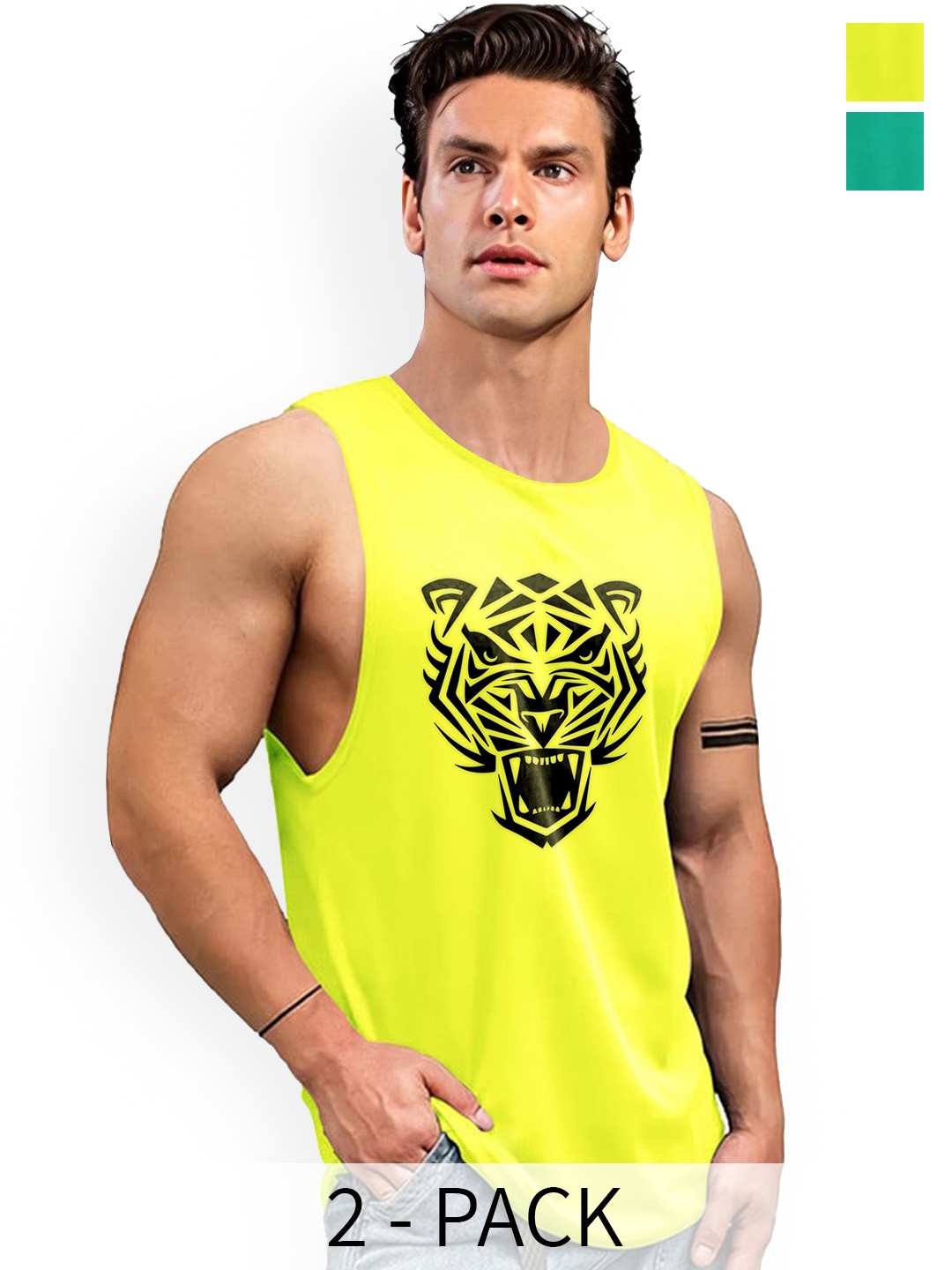 

AUSK Pack of 2 Printed Sleeveless Gym Innerwear Vests, Green