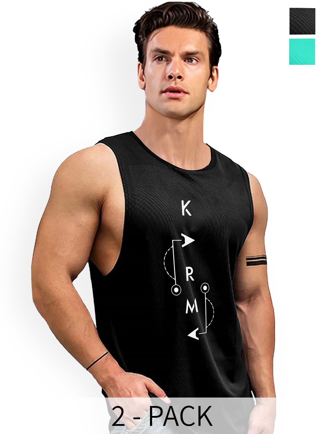 

AUSK Pack Of 2 Printed Round Neck Sleeveless Gym Innerwear Vests A723+724, Black