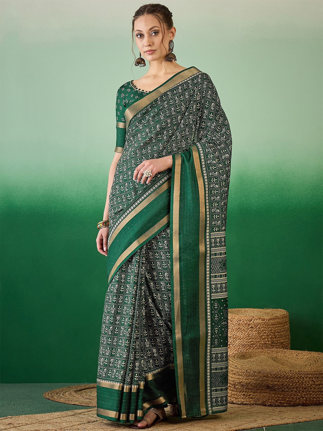 

KAVINDI Warli Zari Saree With Blouse Piece, Green