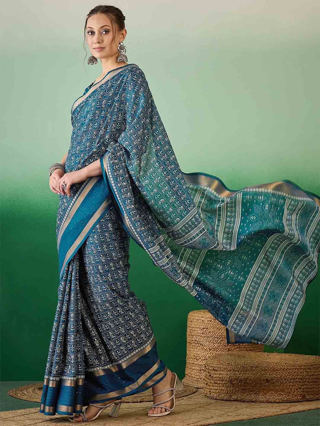 

KAVINDI Warli Zari Silk Cotton Saree, Turquoise blue