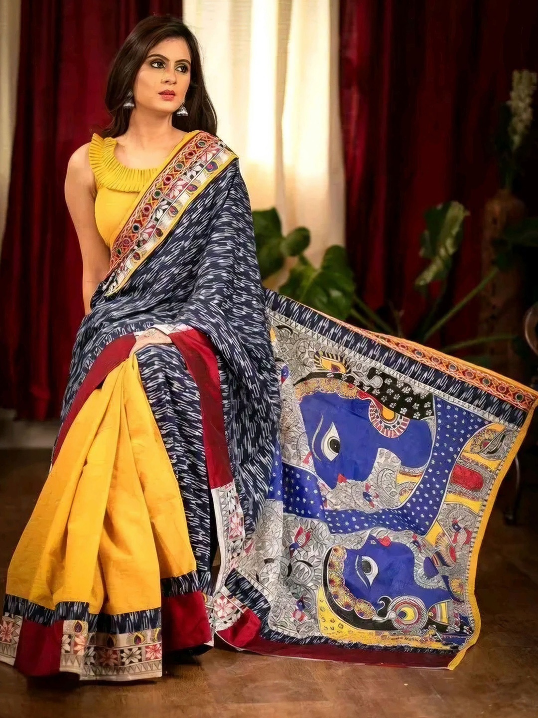 

ARPITA FASHION Woven Design Block Print Saree, Yellow