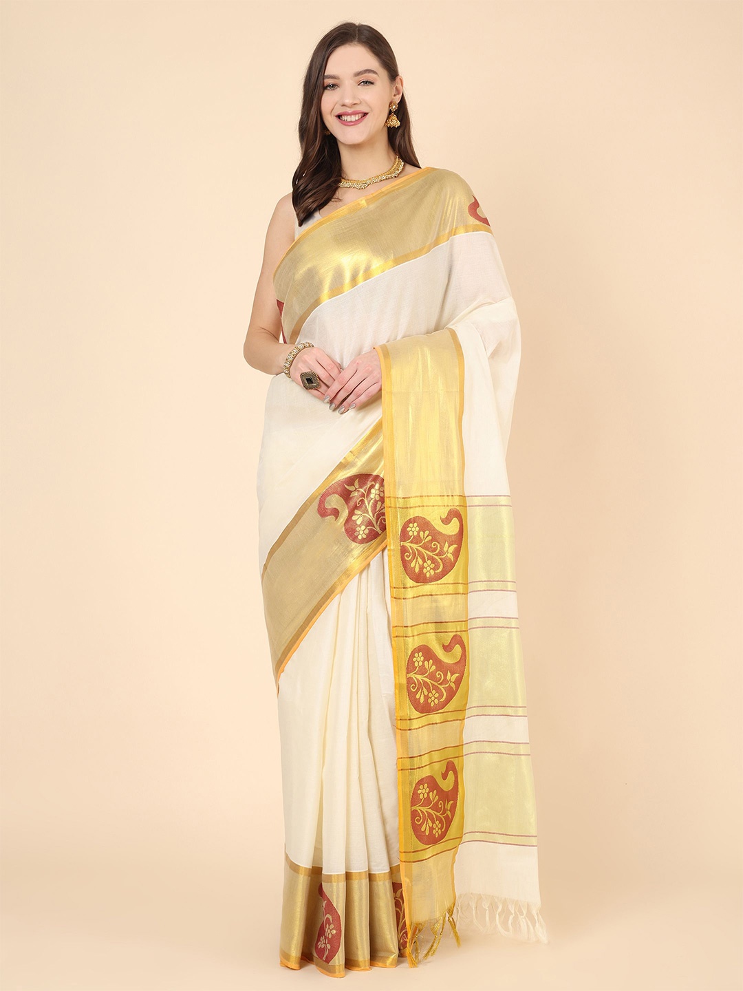 

Manvish Drapes Zari Pure Cotton Kasavu Saree, Off white