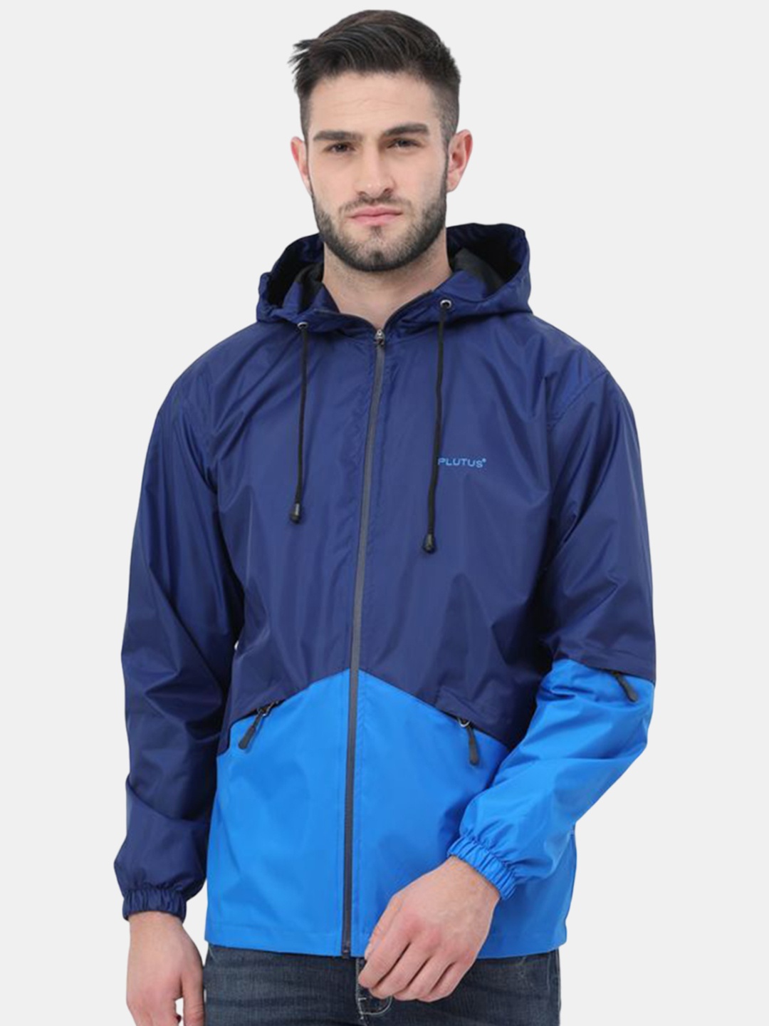 

Plutus Colourblocked Hooded Windcheater Sporty Jacket, Navy blue