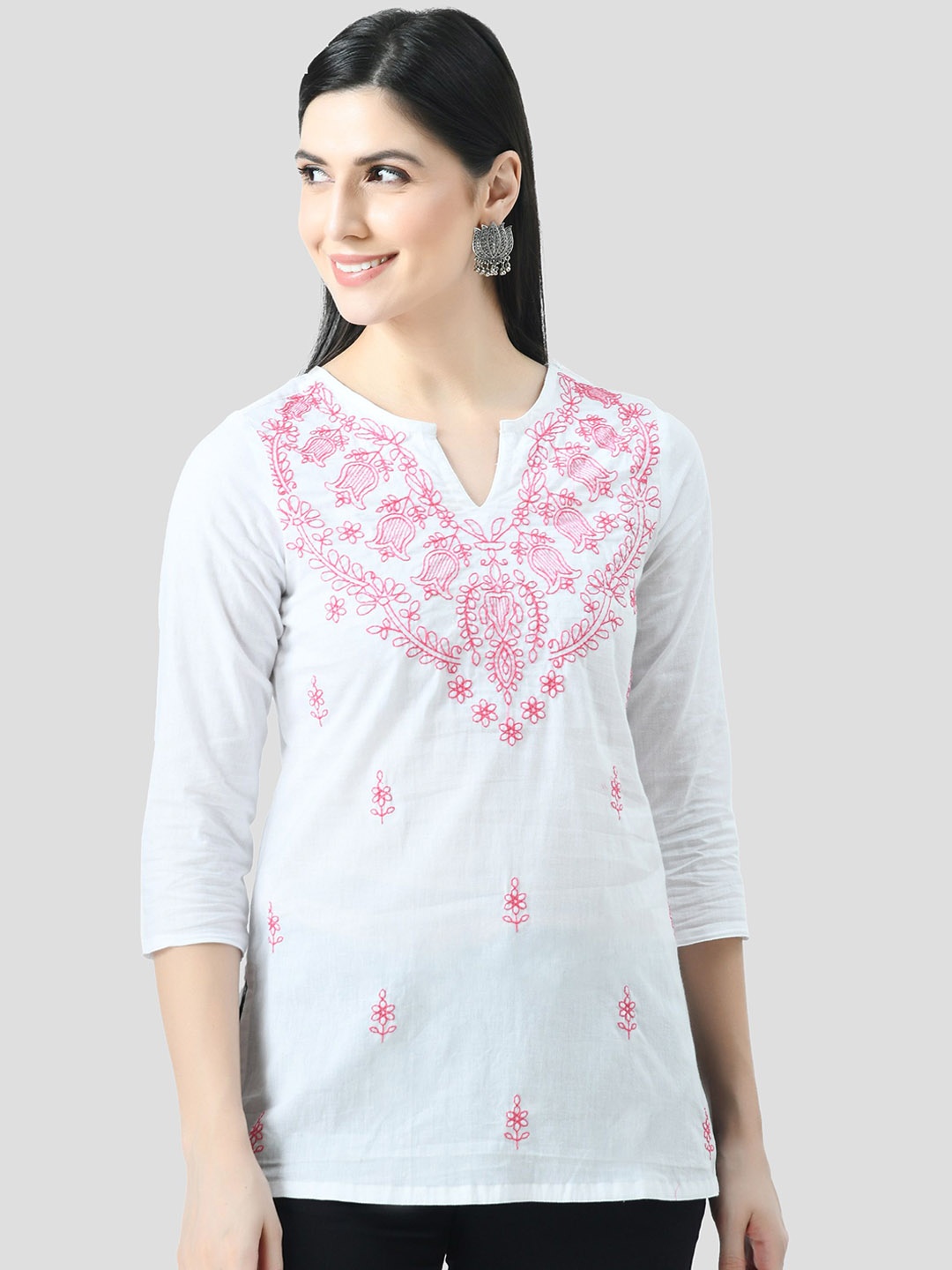 

QAZMI Ethnic Motifs Embroidered Thread Work Pure Cotton Thread Work Kurti, White