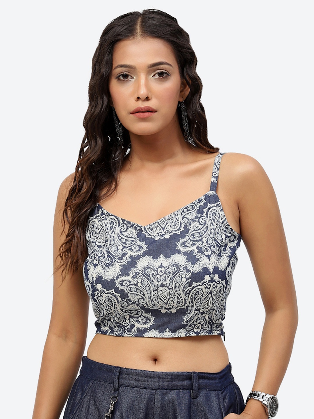 

Baawri Ethnic Motifs Printed Shoulder Straps Pure Cotton Bralette Crop Top, Grey