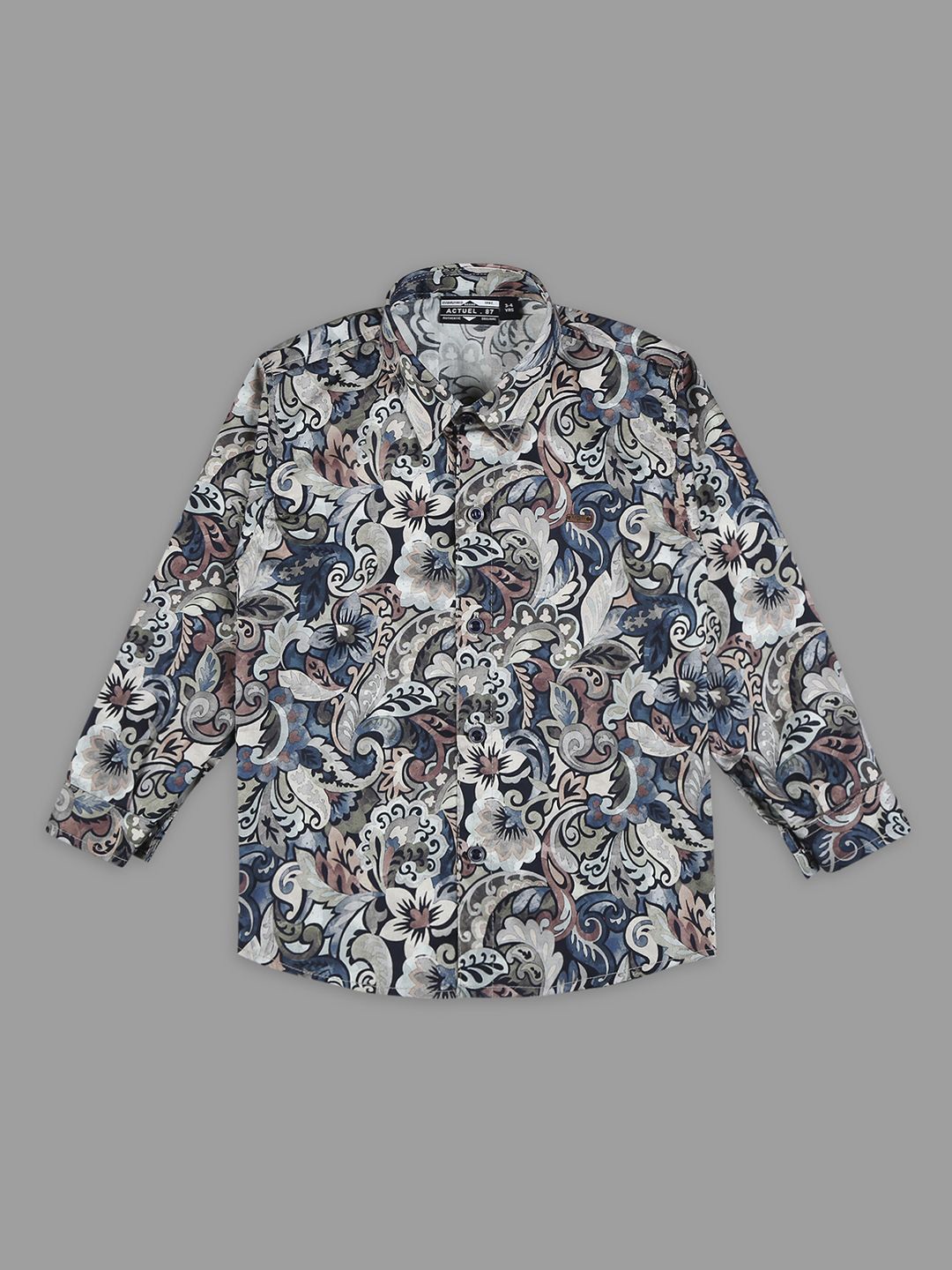 

Actuel Boys Floral Printed Long Sleeves Cotton Satin Casual Shirt, Blue