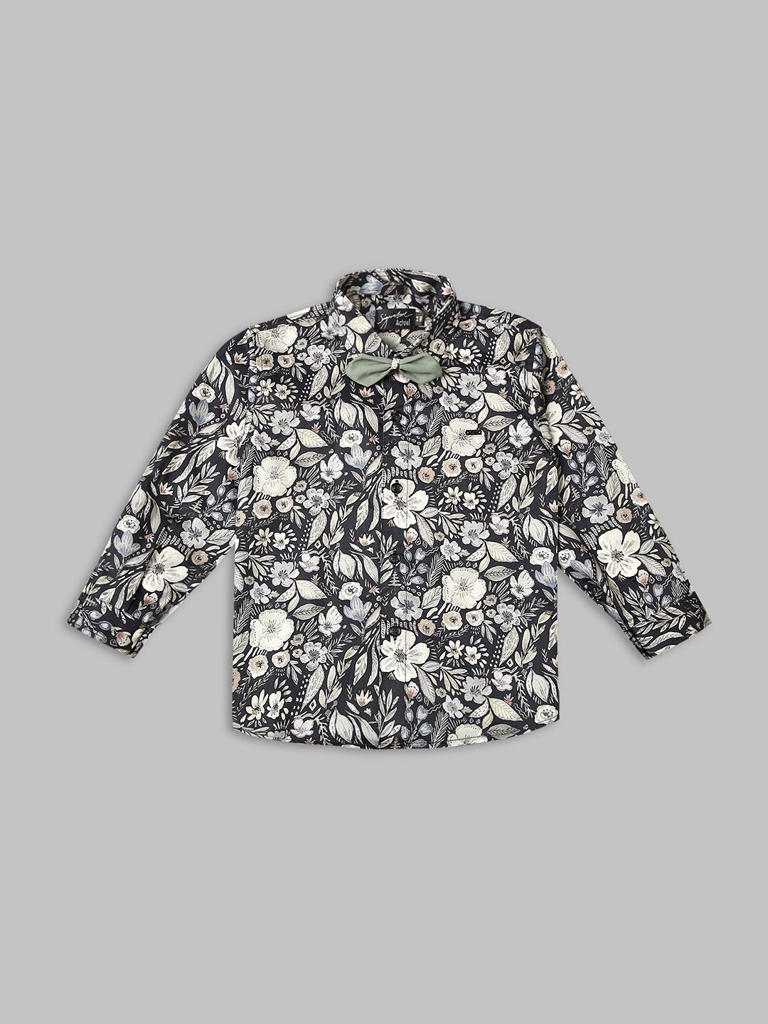 

Actuel Boys Floral Printed Cotton Casual Shirt With Detachable Bow, Black