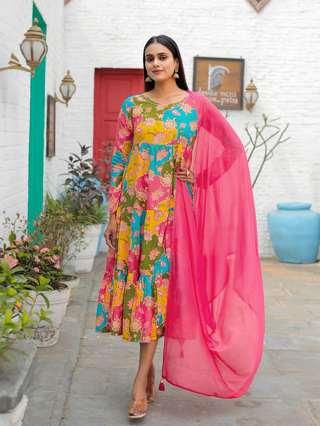 

Rajnandini Floral Printed Fit and Flare Midi Dress With Dupatta, Pink