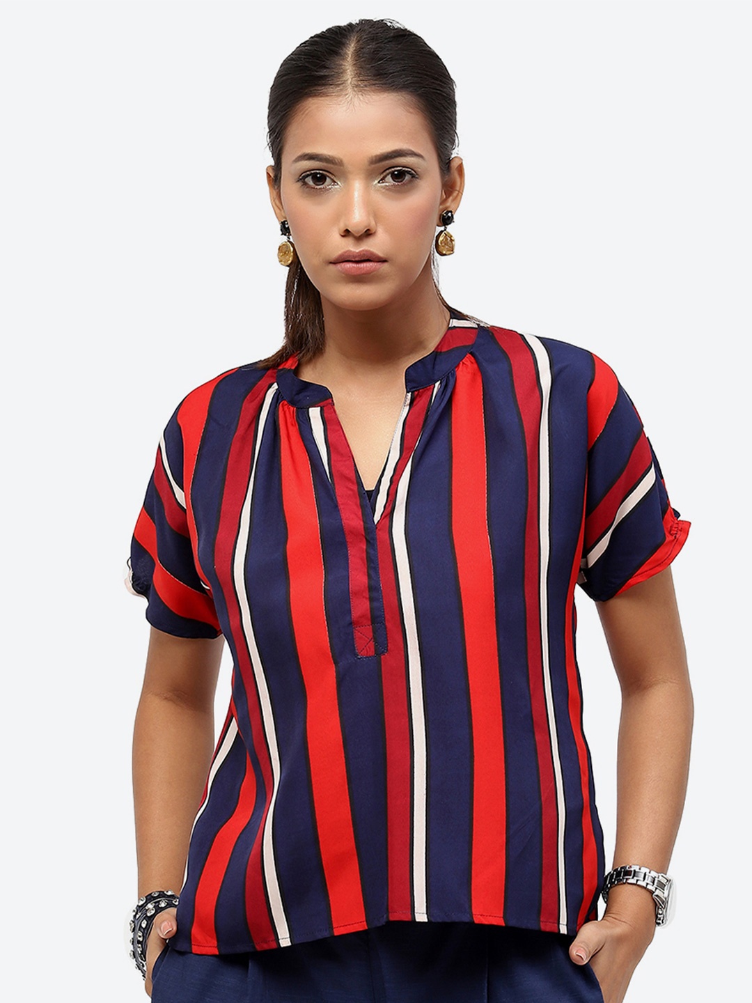 

Baawri Striped Mandarin Collar Short Sleeves Top, Red