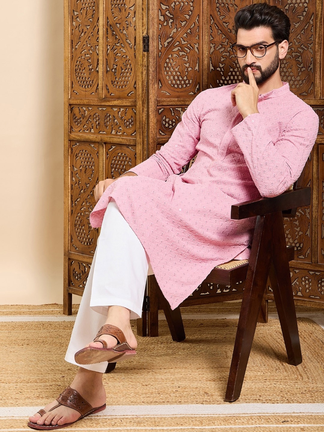 

Ethnic Bay Men Ethnic Motifs Printed Kurta, Pink