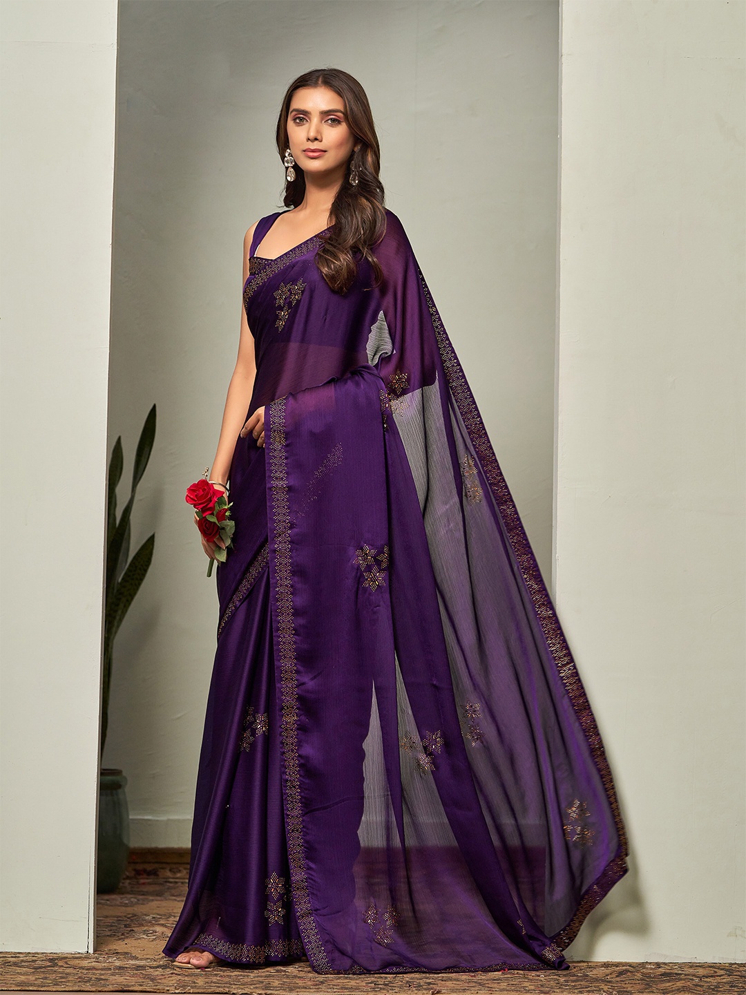 

Sangria Floral Beads and Stones Poly Chiffon Saree, Purple