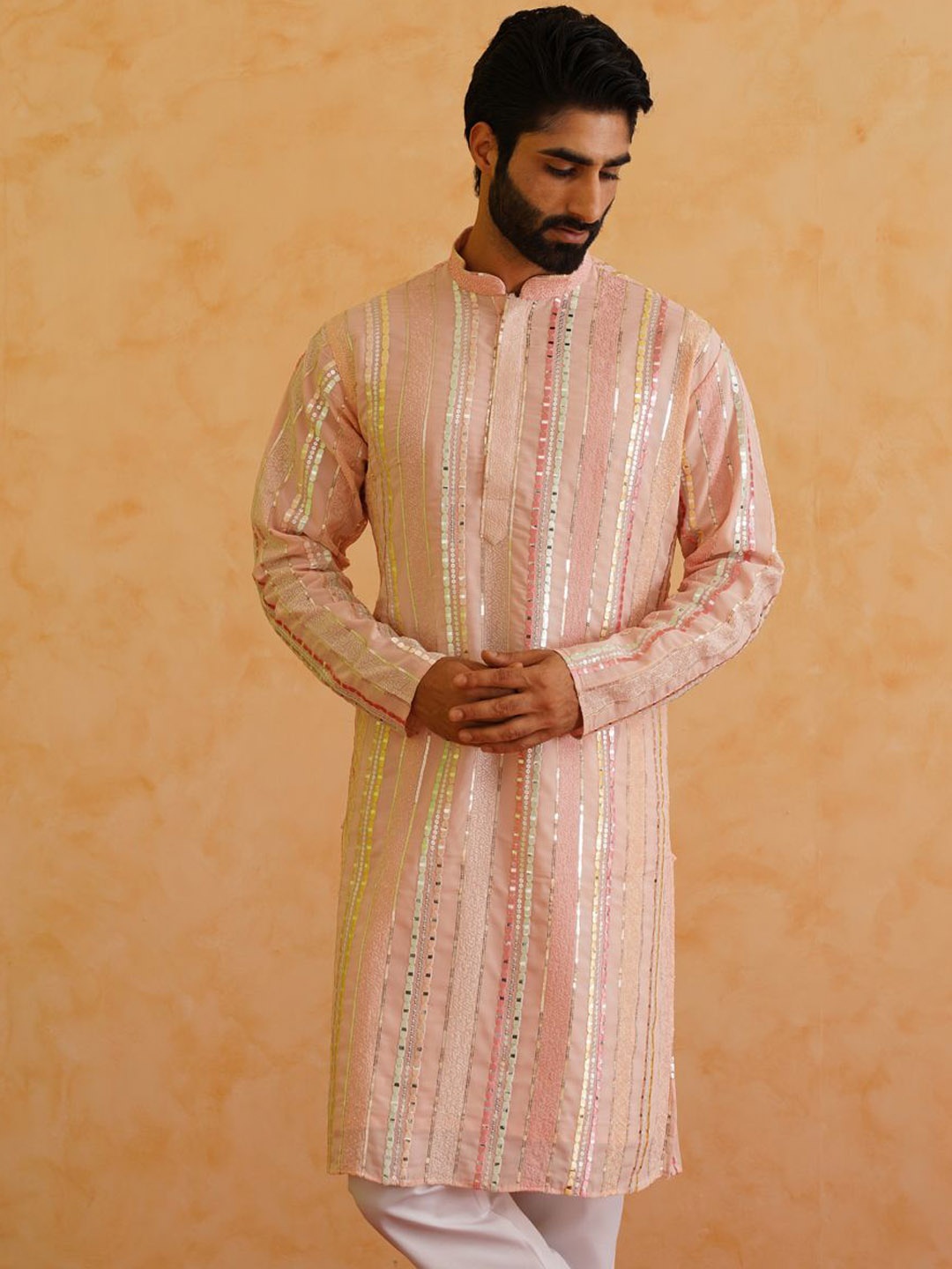 

SOJANYA LUXE Mandarin Collar Embroidered Regular Kurta with Pyjamas, Pink
