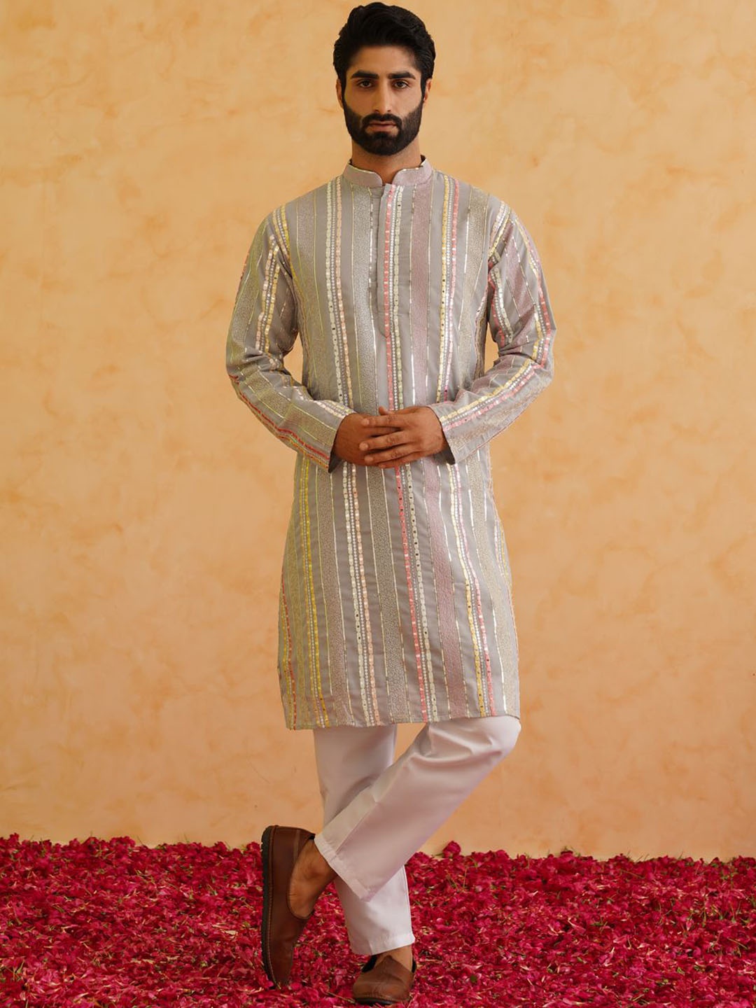 

SOJANYA LUXE Mandarin Collar Embroidered Regular Kurta with Pyjamas, Grey