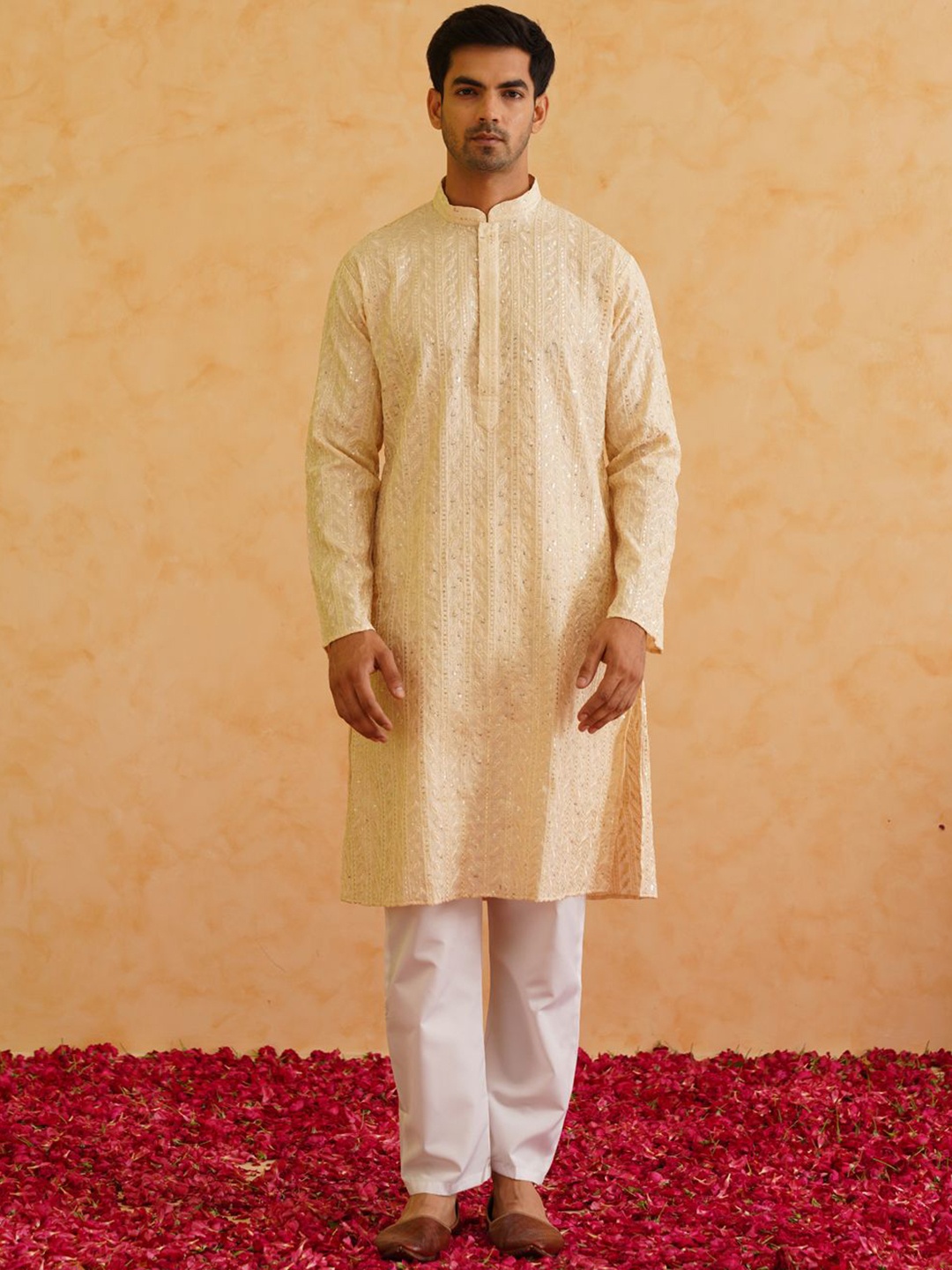

SOJANYA LUXE Floral Embroidered Regular Sequinned Kurta with Pyjamas, Beige