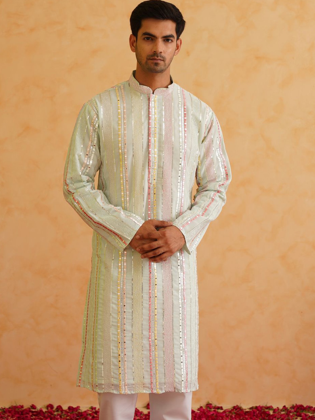 

SOJANYA LUXE Striped Embroidered Mandarin Collar Straight Kurta with Pyjamas, Sea green
