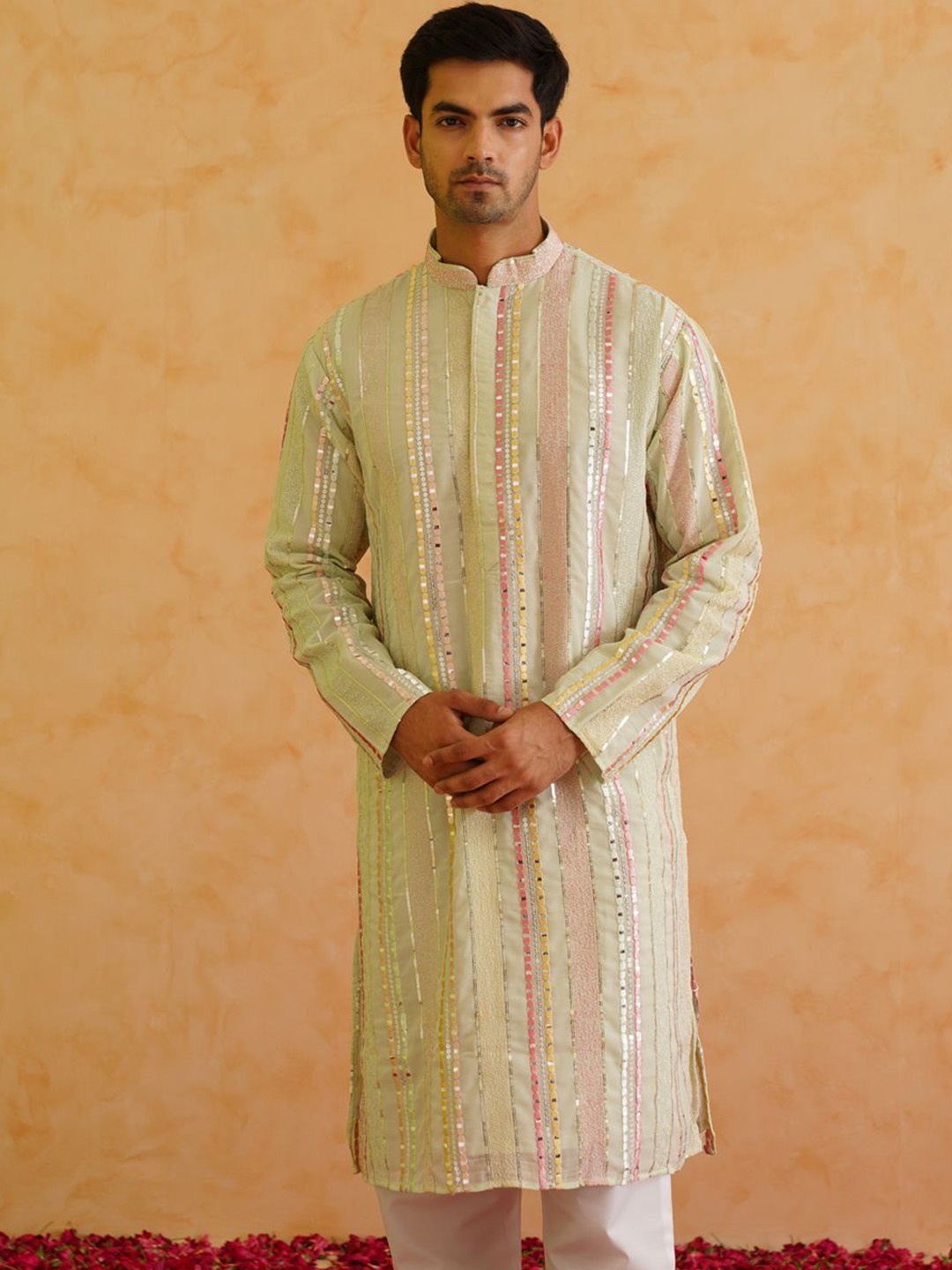 

SOJANYA LUXE Mandarin Collar Embroidered Regular Sequinned Kurta with Pyjamas, Lime green
