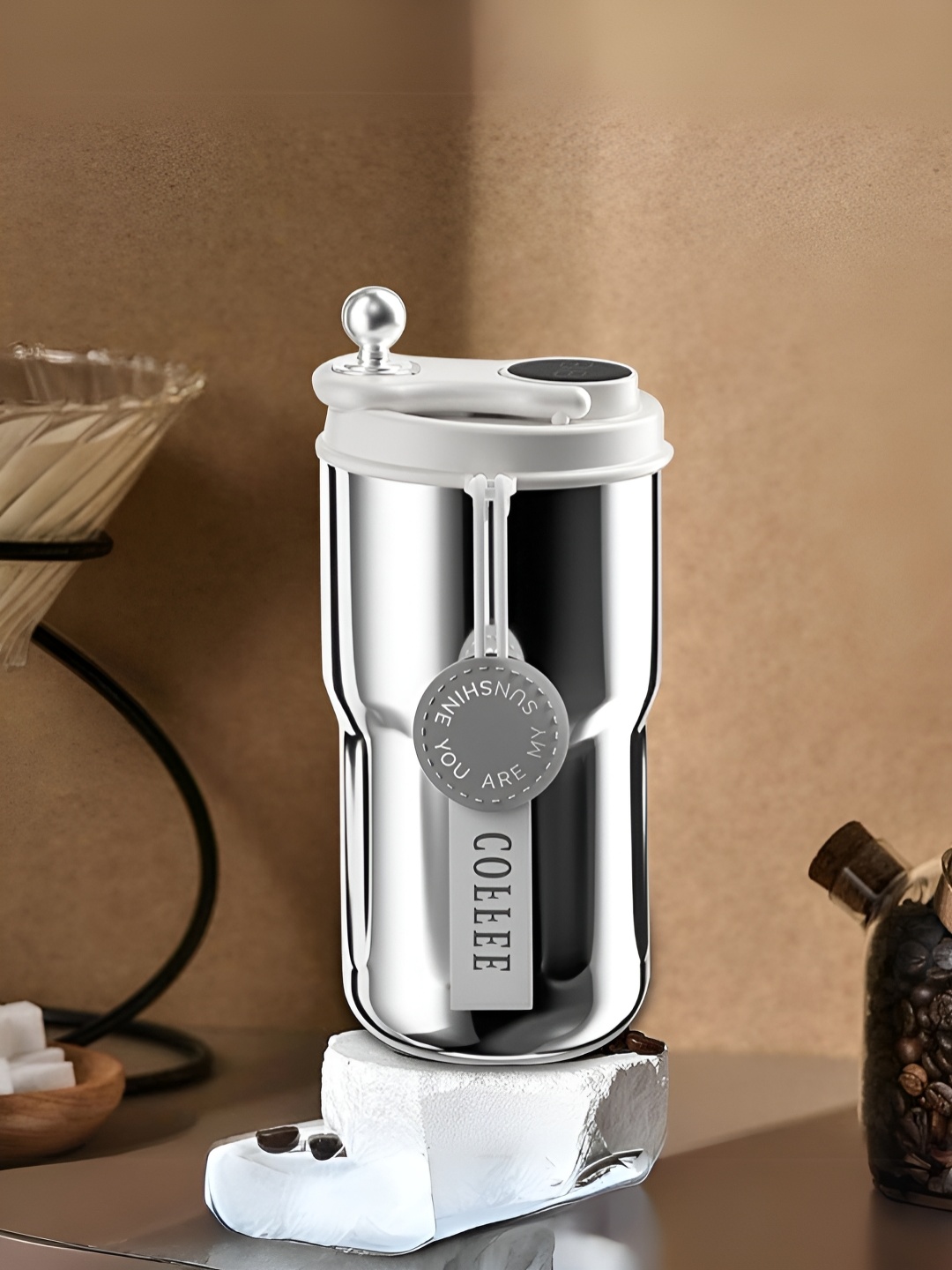 

YELONA Silver-Toned Stainless Steel Glossy Coffee Tumbler